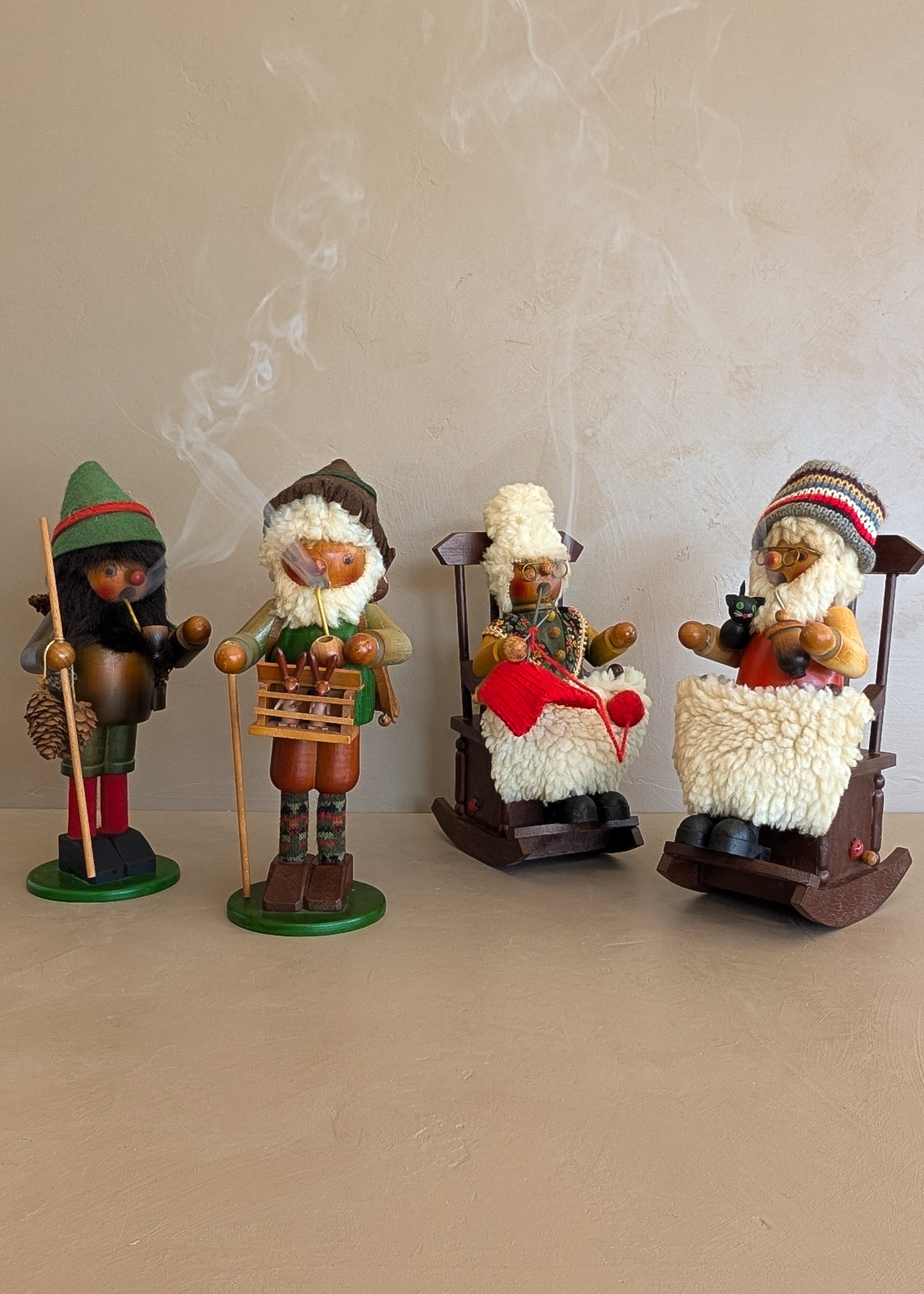 Pair of Vintage Rocking Music Box Wooden Steinbach German Knitting Grandma and Grandpa with Black Cat Smokers