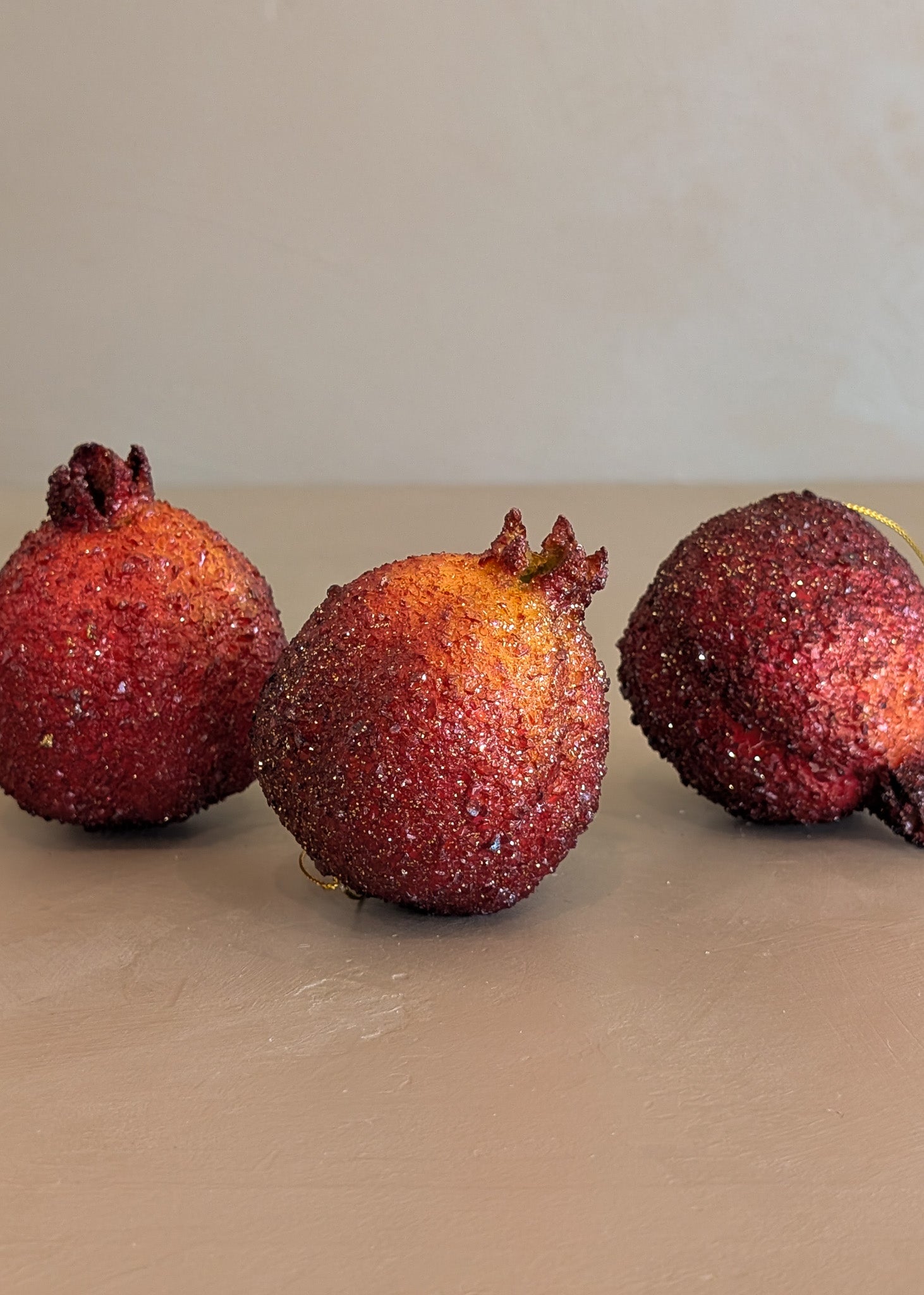 Set of 3 Vintage Glitter Sugared Red Pomegranate Christmas Holiday Ornaments
