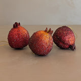 Set of 3 Vintage Glitter Sugared Red Pomegranate Christmas Holiday Ornaments