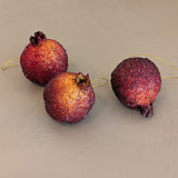 Set of 3 Vintage Glitter Sugared Red Pomegranate Christmas Holiday Ornaments