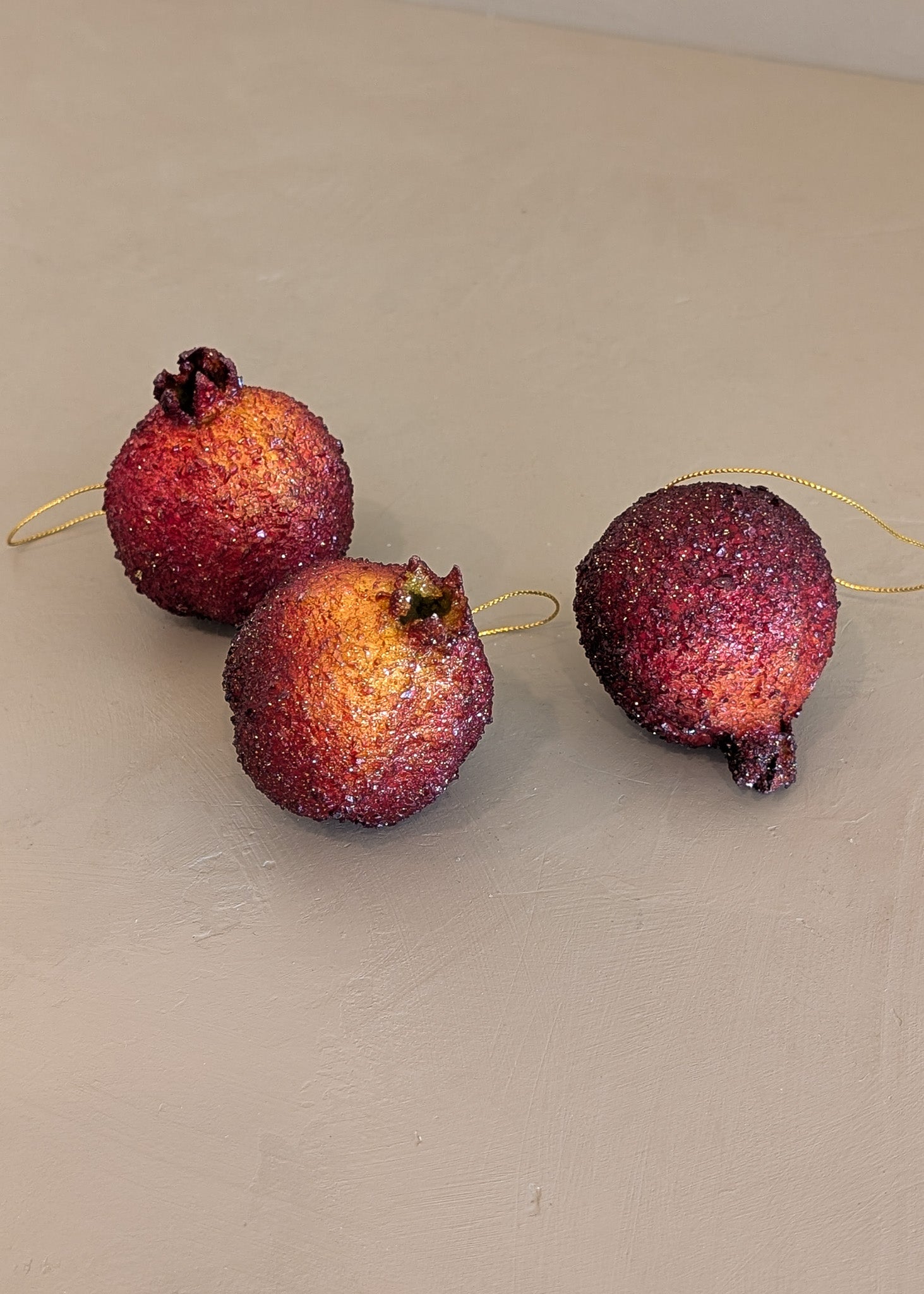 Set of 3 Vintage Glitter Sugared Red Pomegranate Christmas Holiday Ornaments
