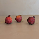 Set of 3 Vintage Glitter Sugared Red Pomegranate Christmas Holiday Ornaments