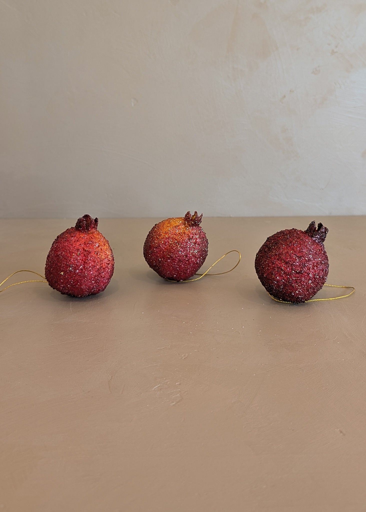 Set of 3 Vintage Glitter Sugared Red Pomegranate Christmas Holiday Ornaments