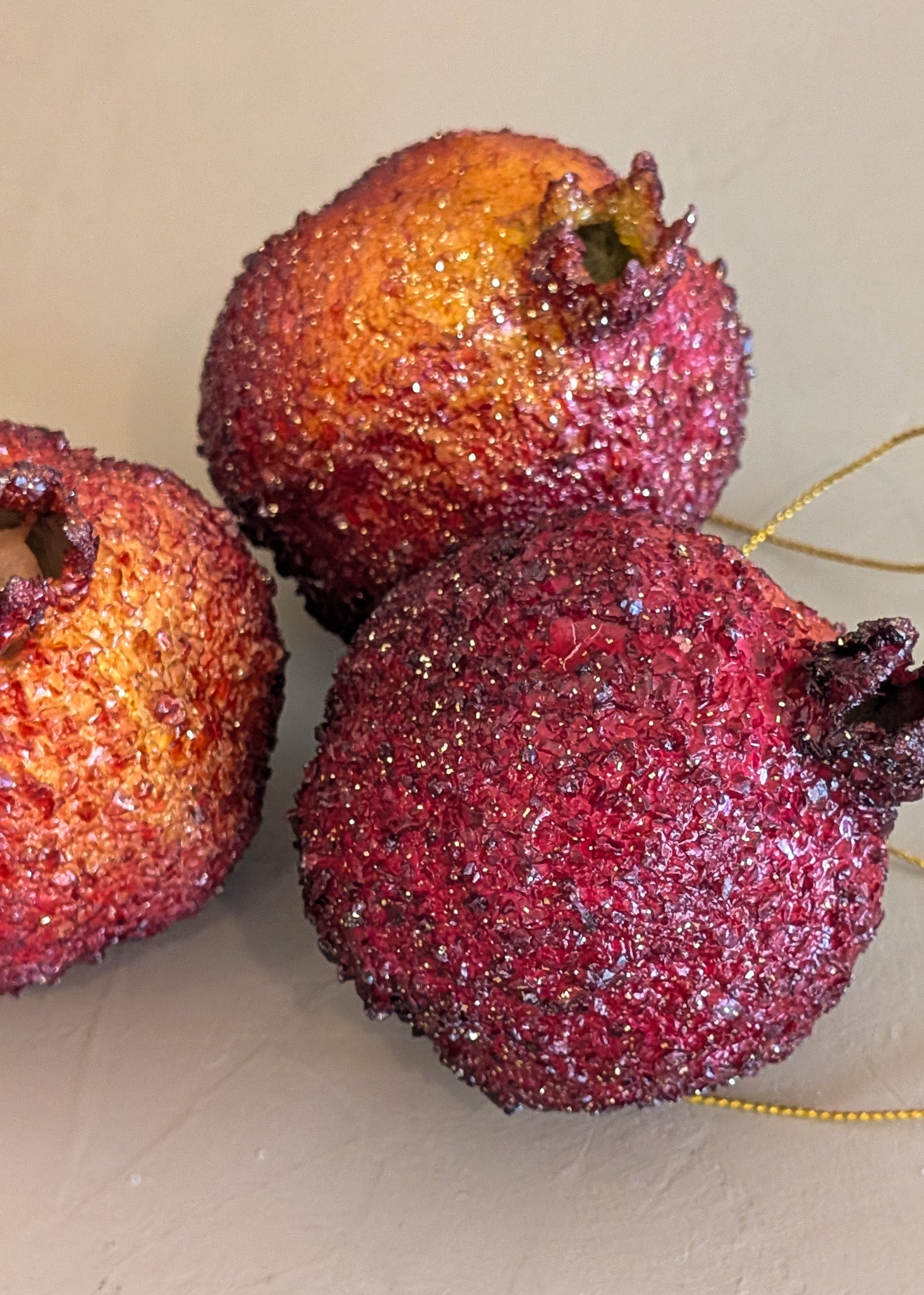 Set of 3 Vintage Glitter Sugared Red Pomegranate Christmas Holiday Ornaments
