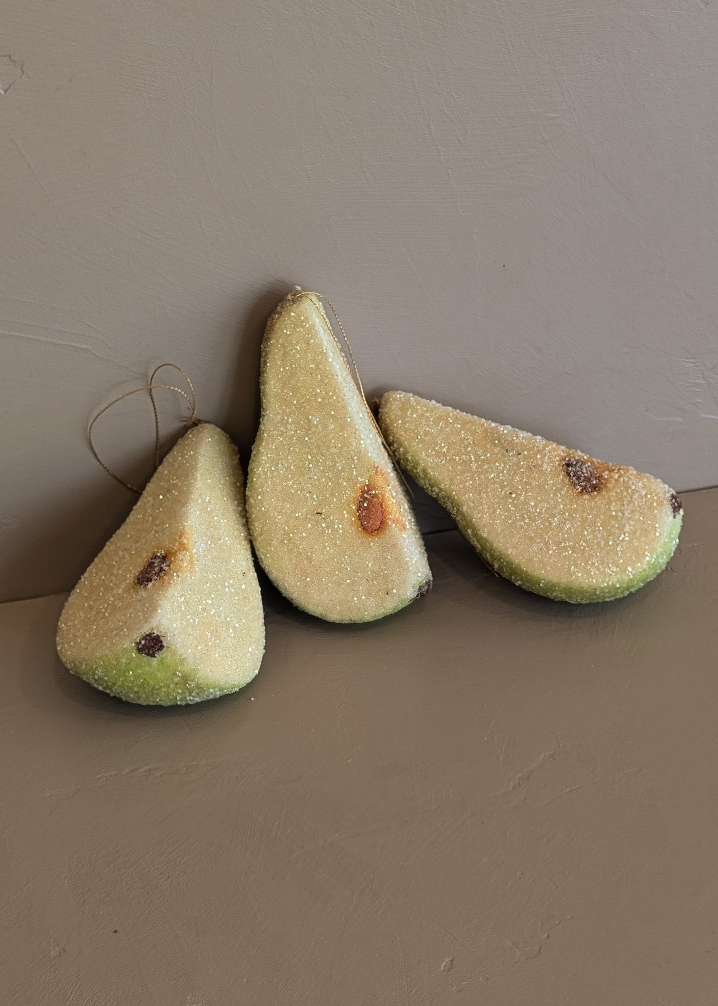 Set of 3 Vintage Glitter Sugared Cut Pear Christmas Holiday Ornaments