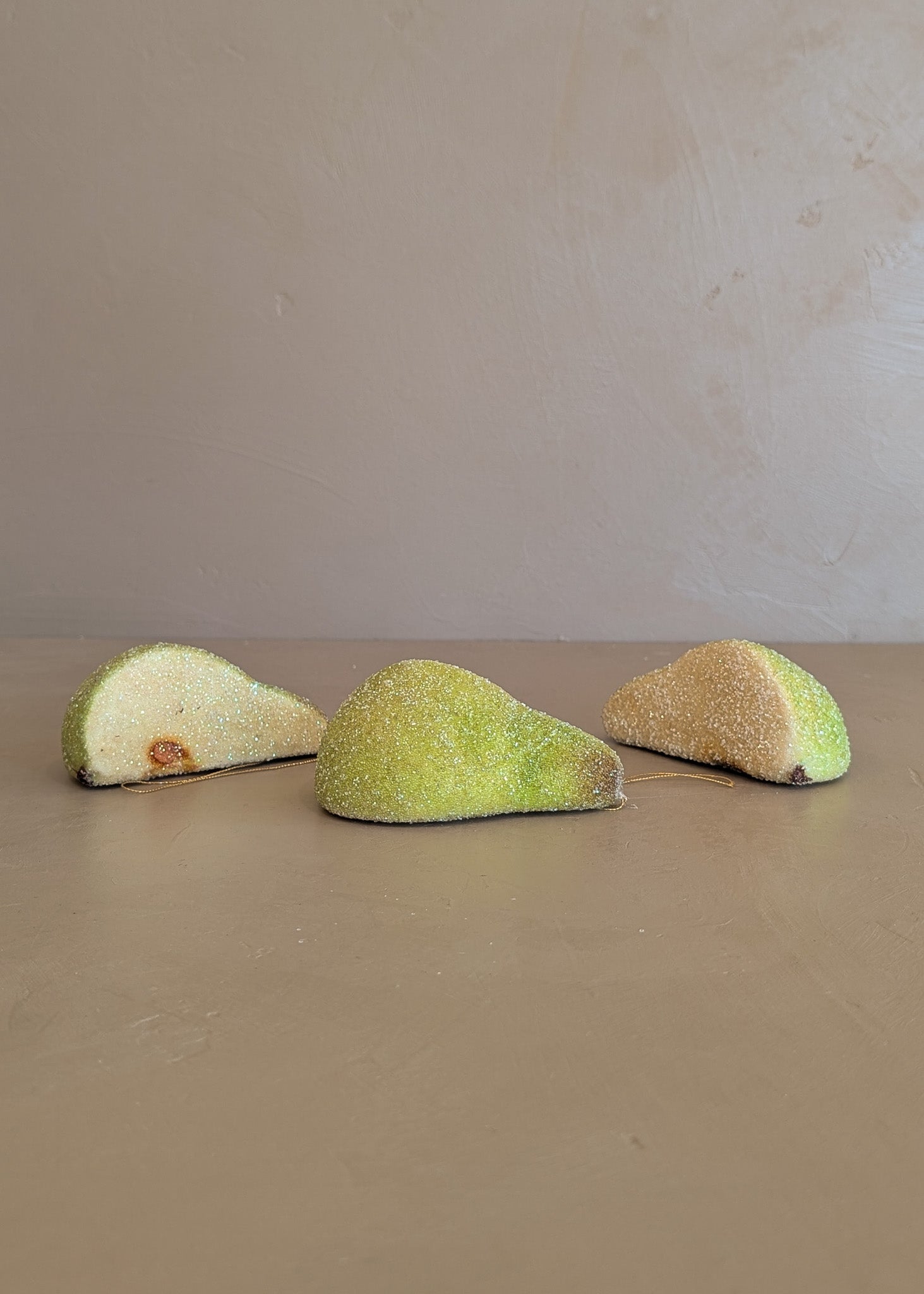 Set of 3 Vintage Glitter Sugared Cut Pear Christmas Holiday Ornaments