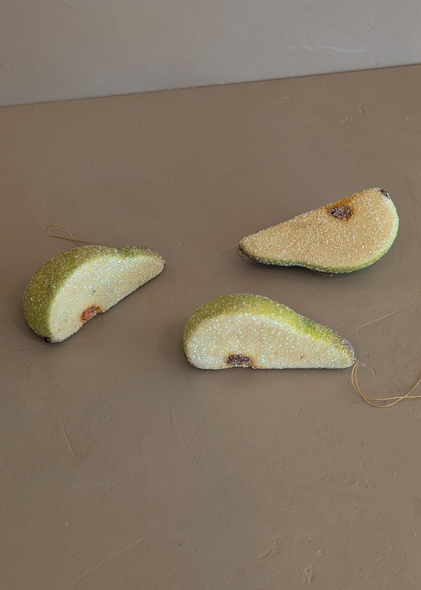 Set of 3 Vintage Glitter Sugared Cut Pear Christmas Holiday Ornaments