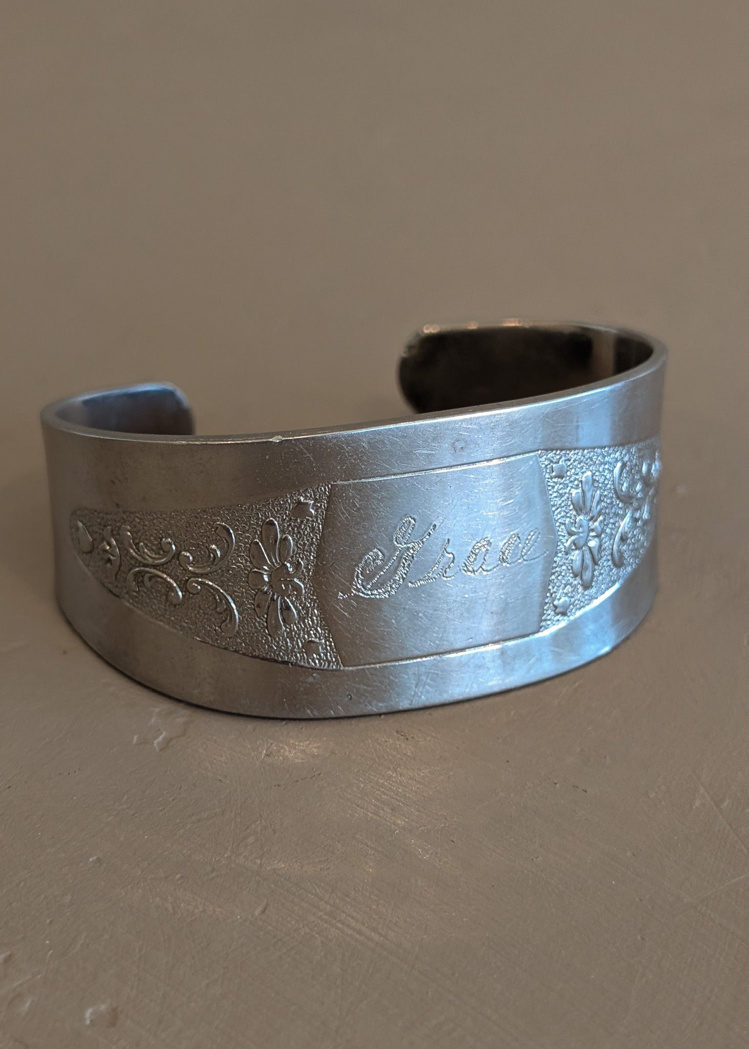 Vintage Silver Tone Metal Bracelet with 'Grace' Engraving