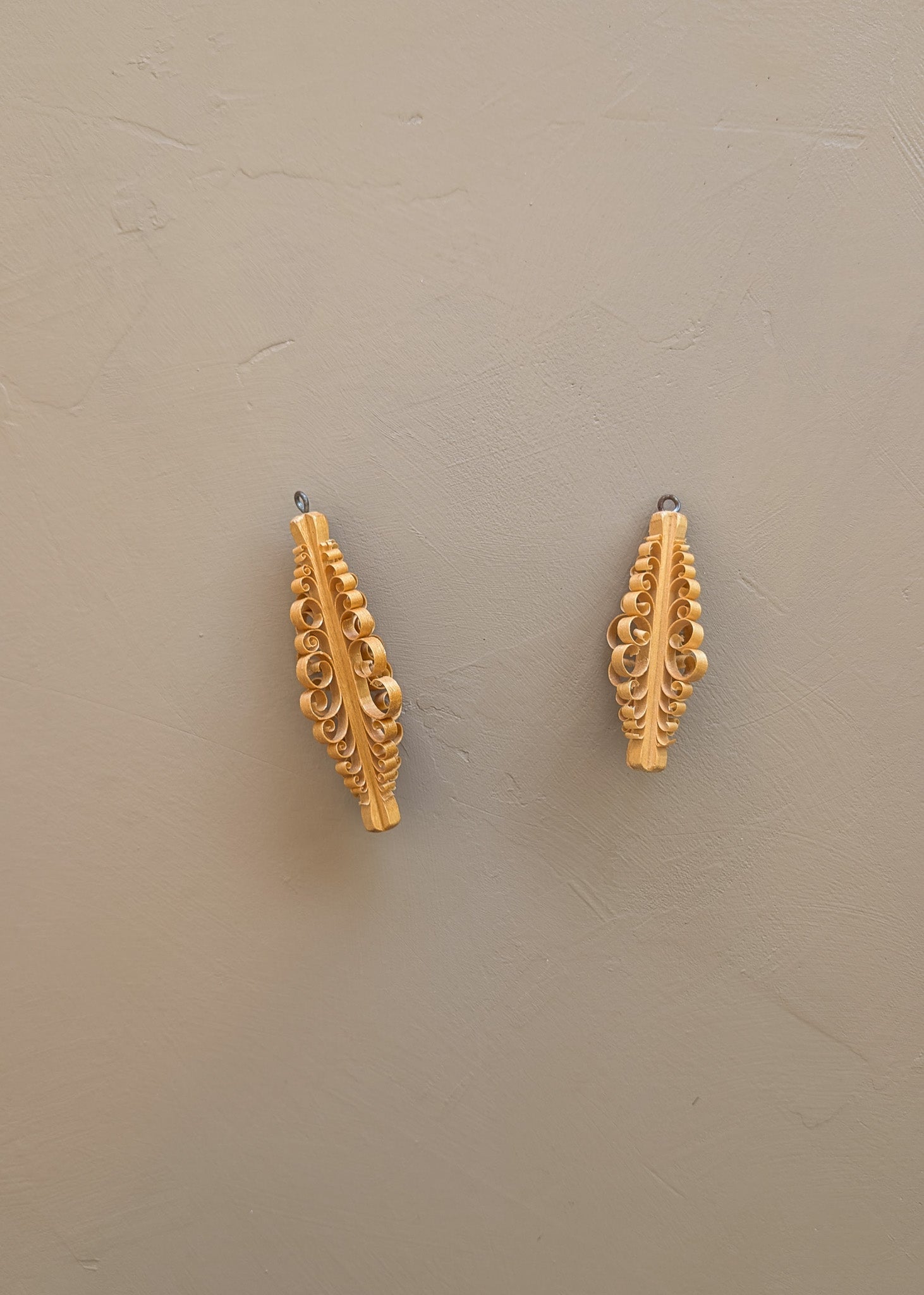 Pair of Vintage German Erzgebirge-Style Wooden Shaved Tree Christmas Holiday Ornaments