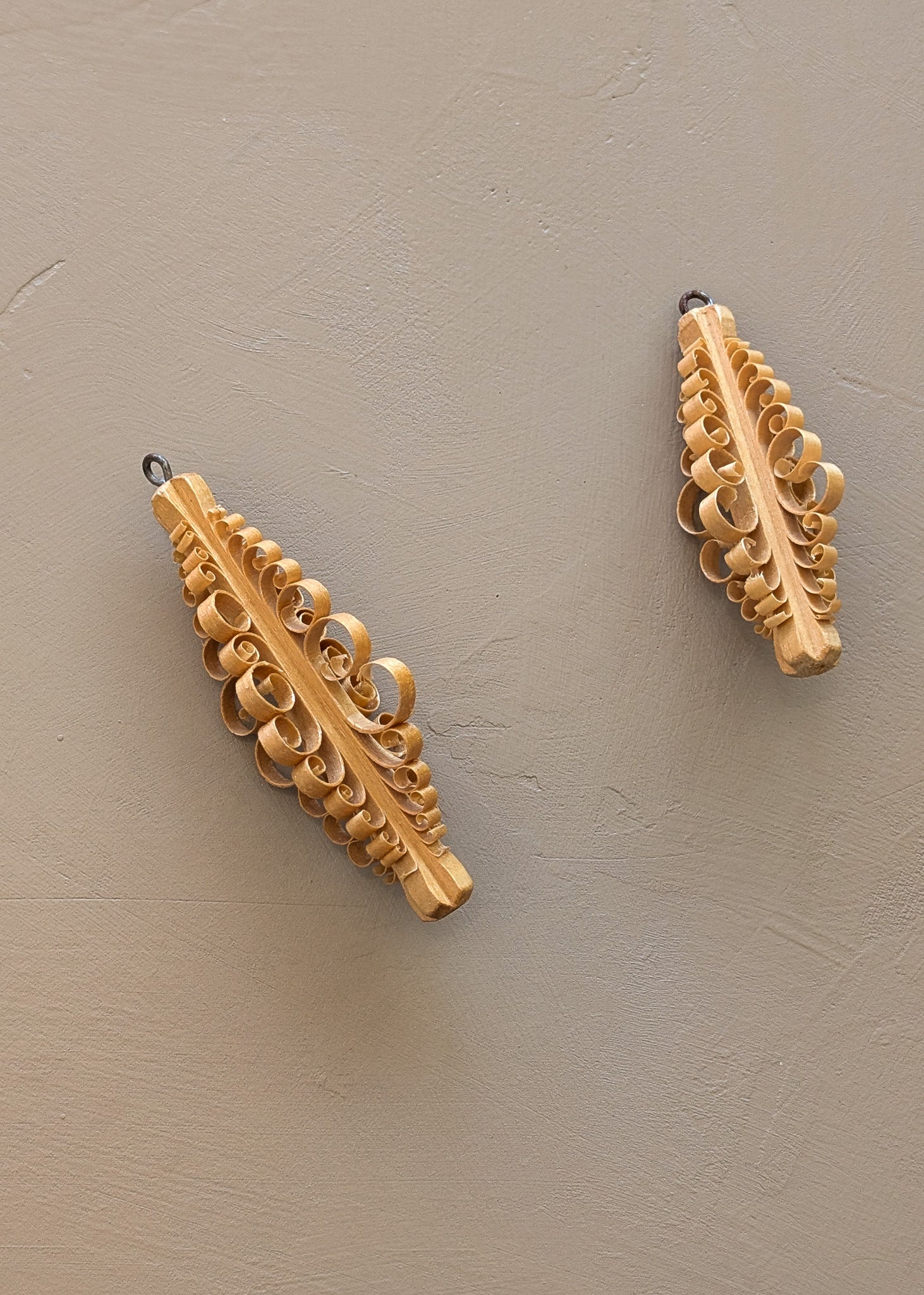 Pair of Vintage German Erzgebirge-Style Wooden Shaved Tree Christmas Holiday Ornaments