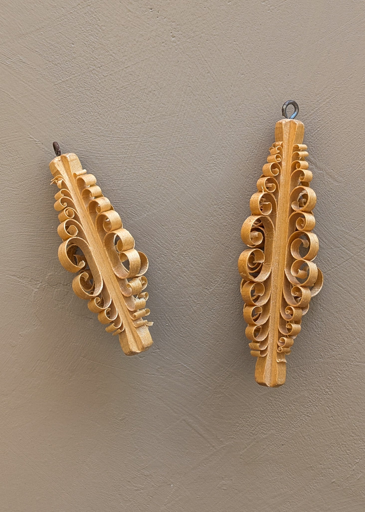 Pair of Vintage German Erzgebirge-Style Wooden Shaved Tree Christmas Holiday Ornaments