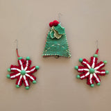 Set of 3 Vintage Felted Wool Snowflakes and Bell Christmas Holiday Ornaments