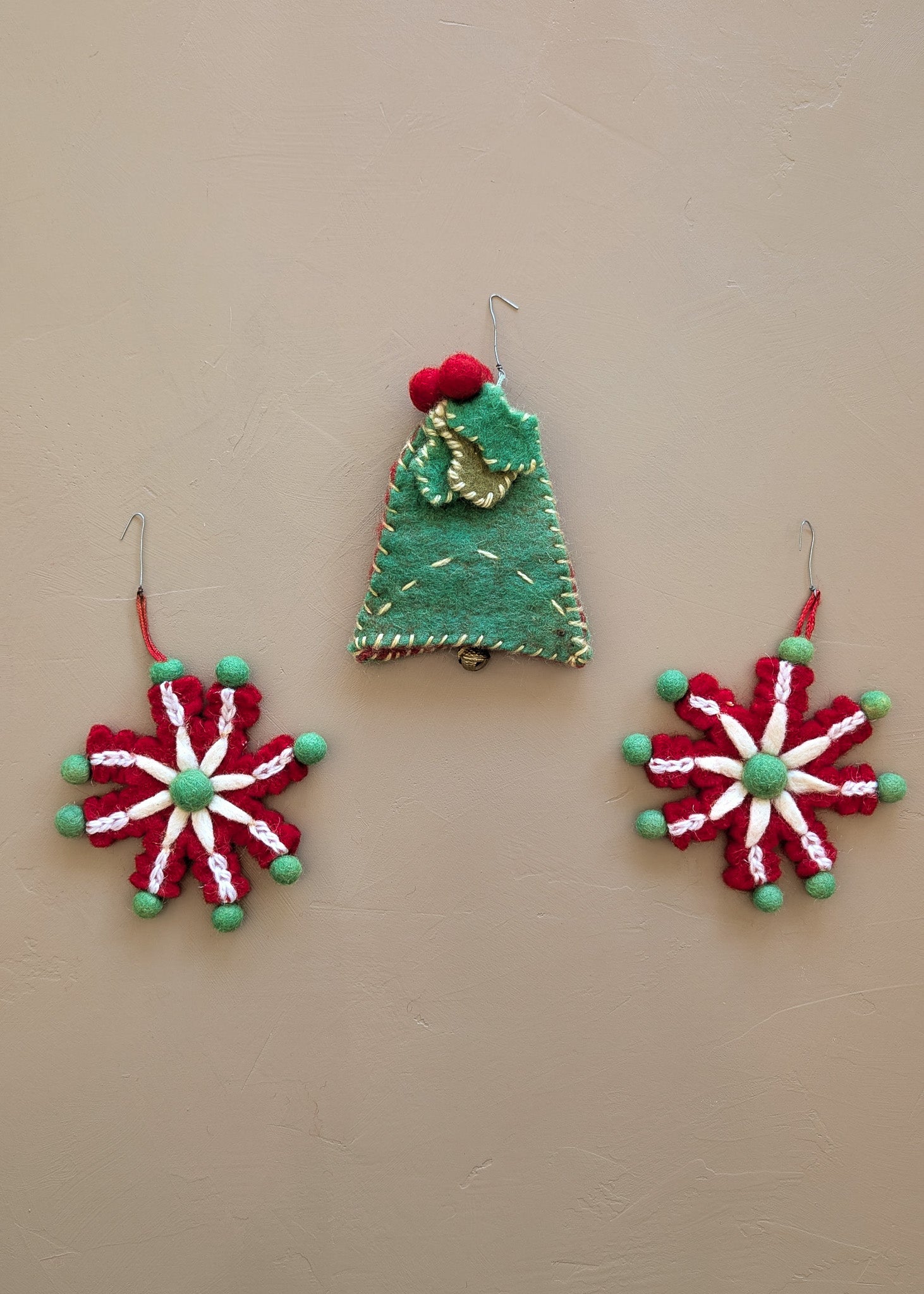 Set of 3 Vintage Felted Wool Snowflakes and Bell Christmas Holiday Ornaments