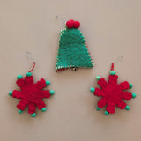 Set of 3 Vintage Felted Wool Snowflakes and Bell Christmas Holiday Ornaments