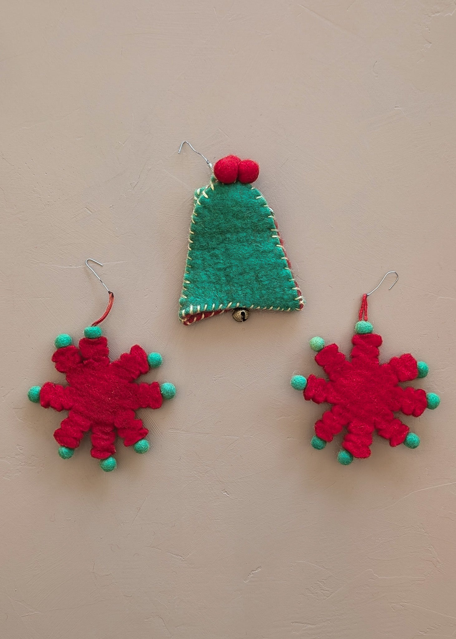 Set of 3 Vintage Felted Wool Snowflakes and Bell Christmas Holiday Ornaments