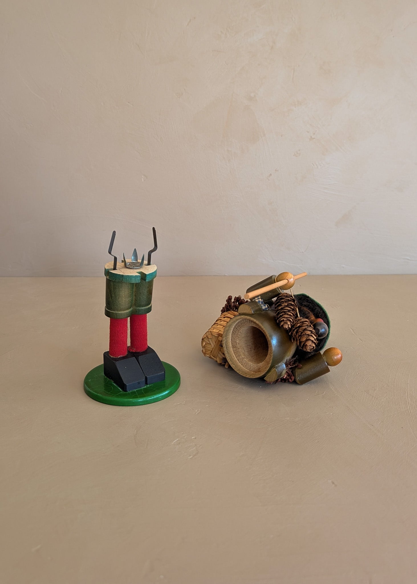 Vintage Wooden Steinbach German Hiker Mountain Man Smoker with Pinecones and Backpack