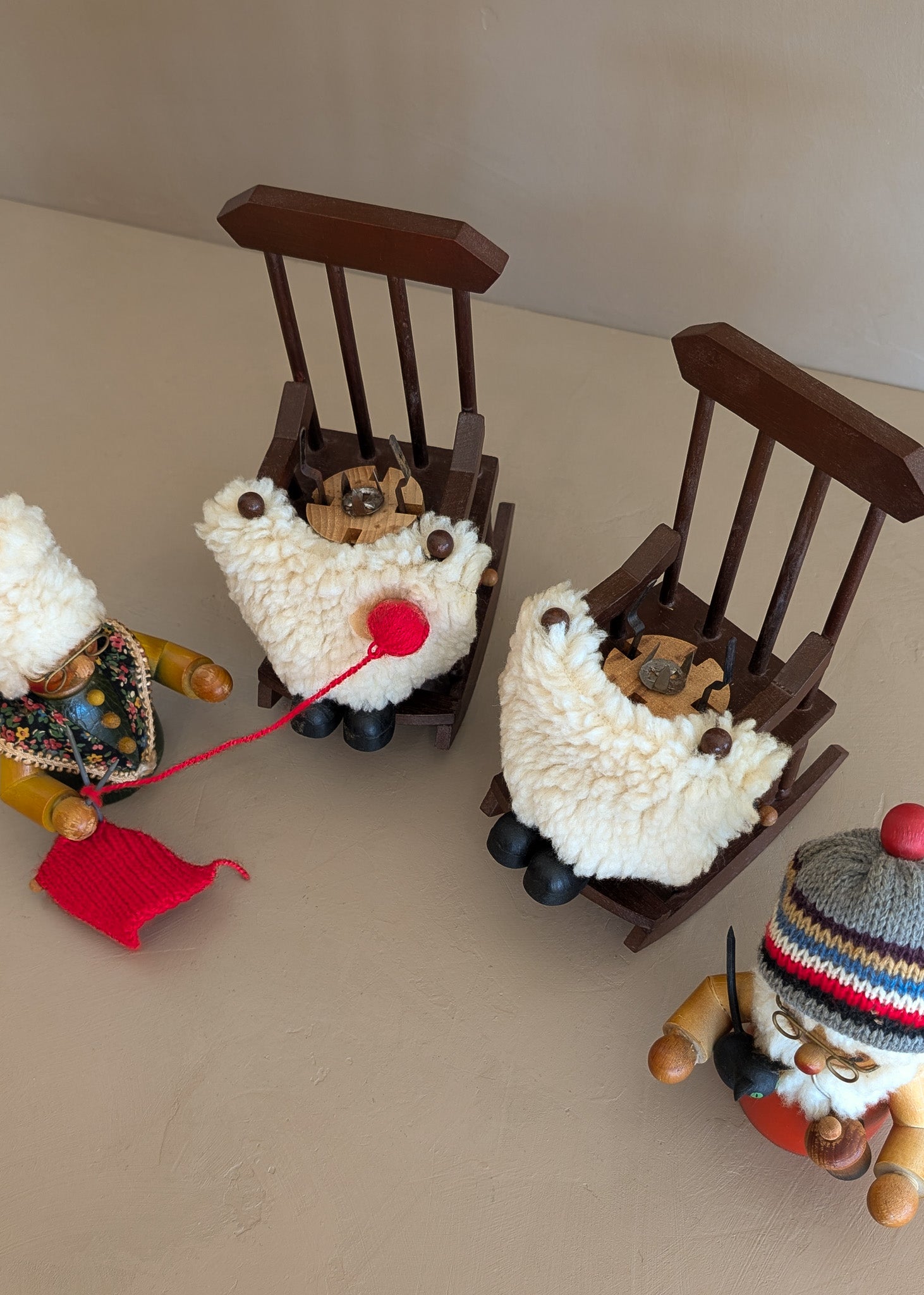 Pair of Vintage Rocking Music Box Wooden Steinbach German Knitting Grandma and Grandpa with Black Cat Smokers