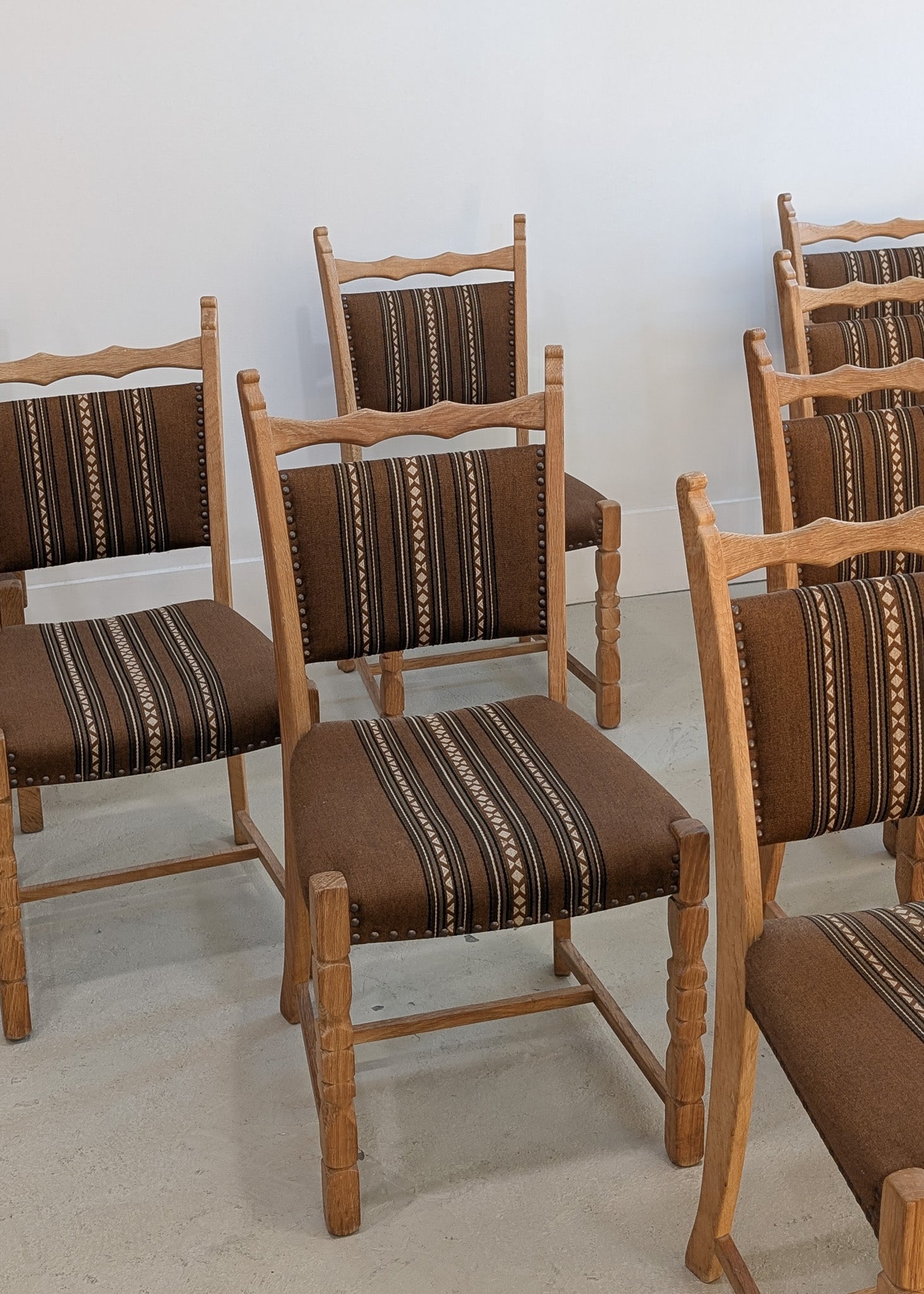 Set of 8 Vintage Danish Henning Kjærnulf-Attributed White Oak Dining Chairs with Original Brown Upholstery