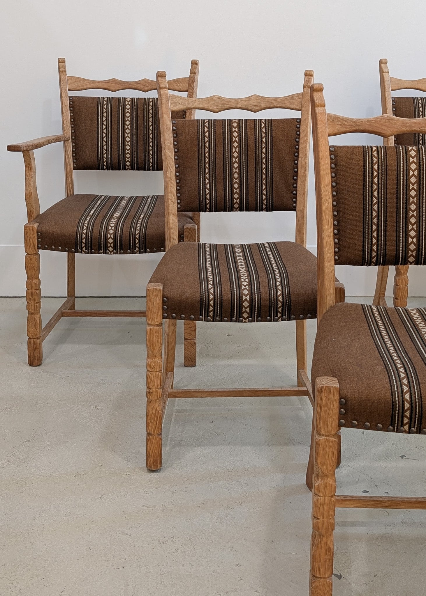 Set of 8 Vintage Danish Henning Kjærnulf-Attributed White Oak Dining Chairs with Original Brown Upholstery