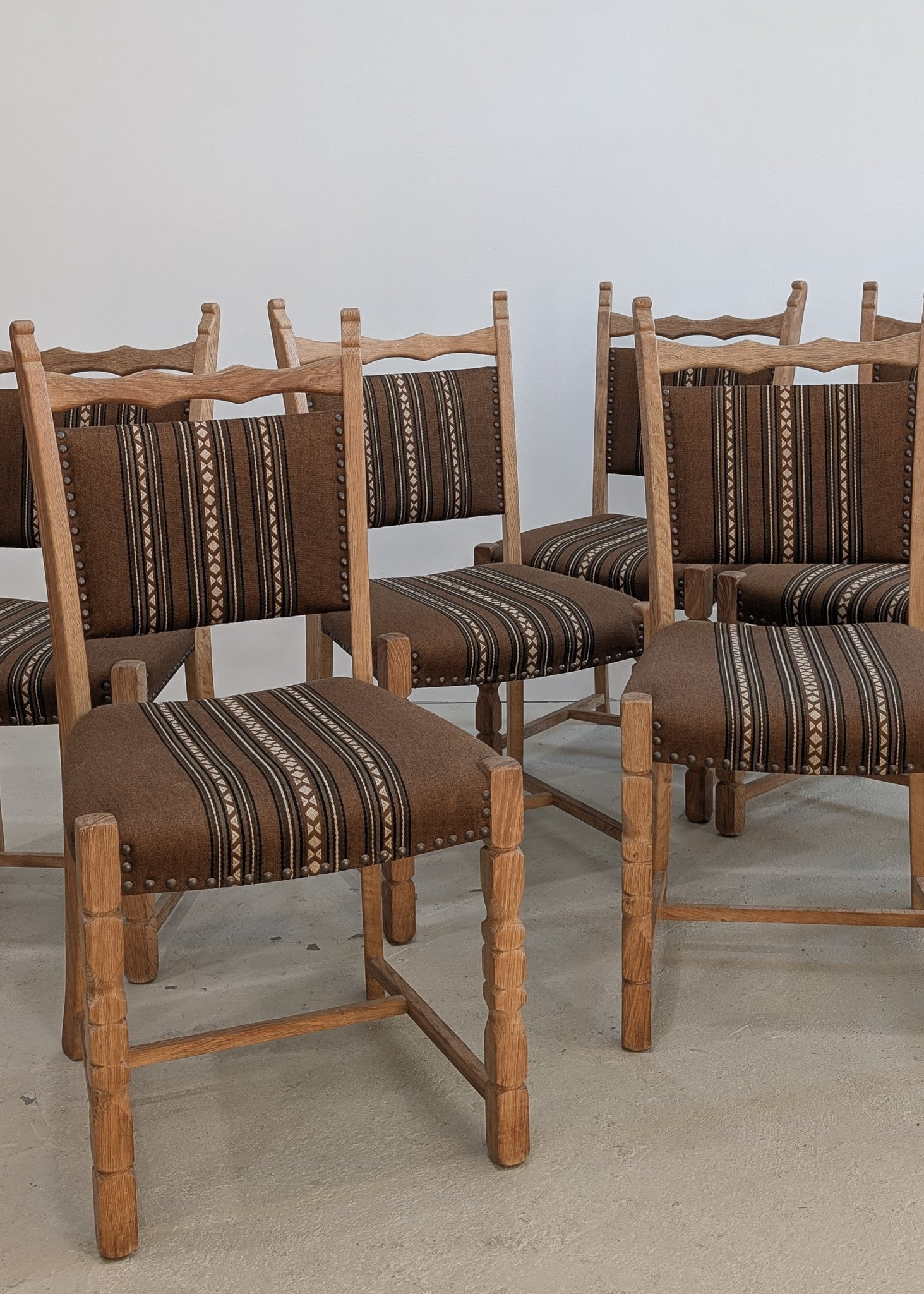 Set of 8 Vintage Danish Henning Kjærnulf-Attributed White Oak Dining Chairs with Original Brown Upholstery