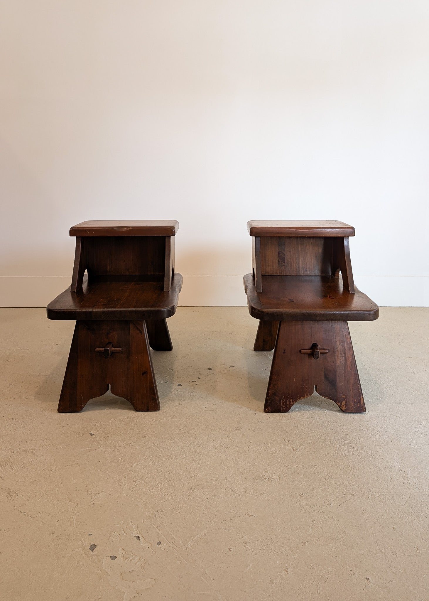 Pair of Vintage Dark Wooden Brutalist Tiered Side Tables/Nightstands