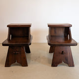 Pair of Vintage Dark Wooden Brutalist Tiered Side Tables/Nightstands