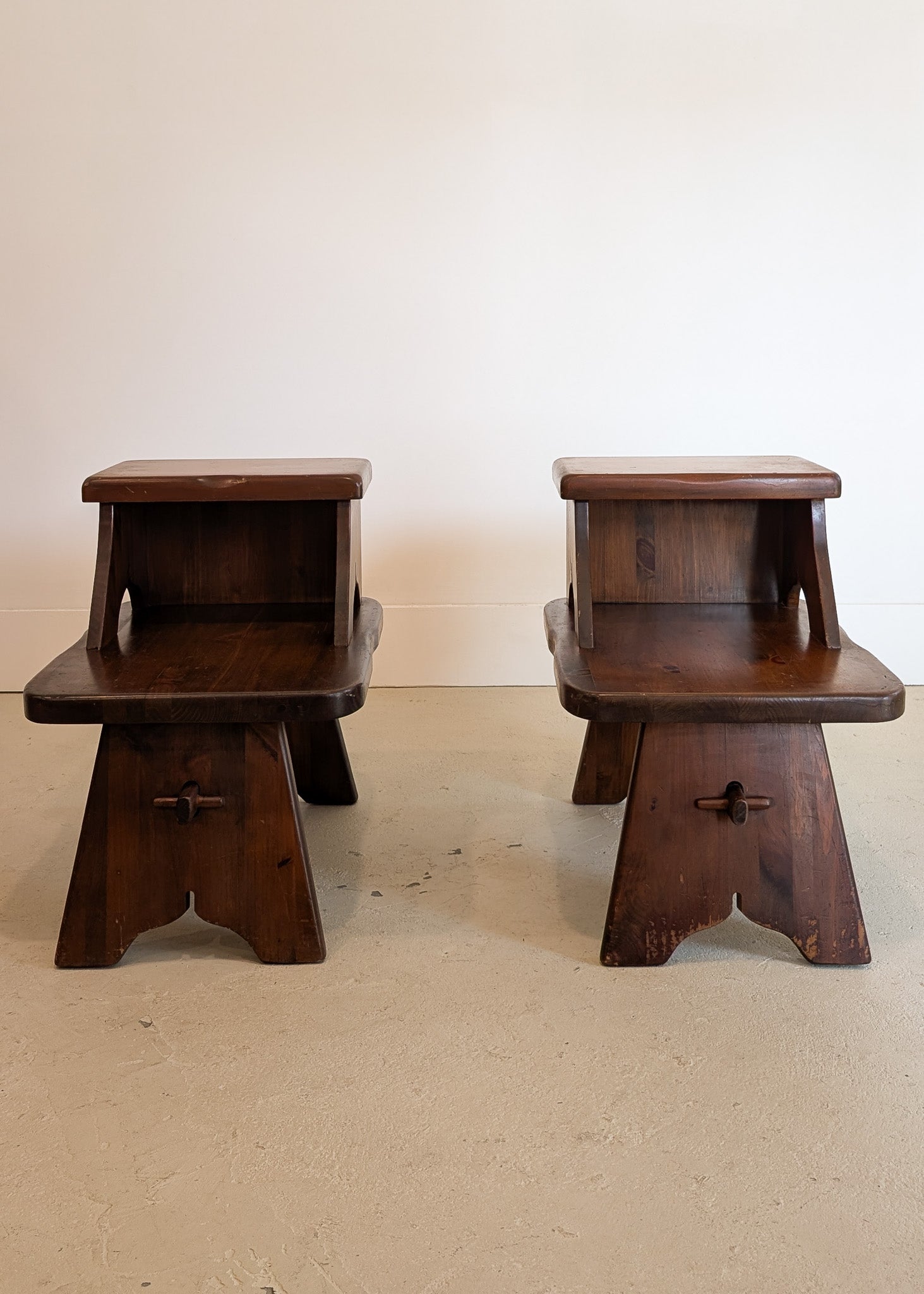 Pair of Vintage Dark Wooden Brutalist Tiered Side Tables/Nightstands