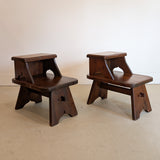 Pair of Vintage Dark Wooden Brutalist Tiered Side Tables/Nightstands