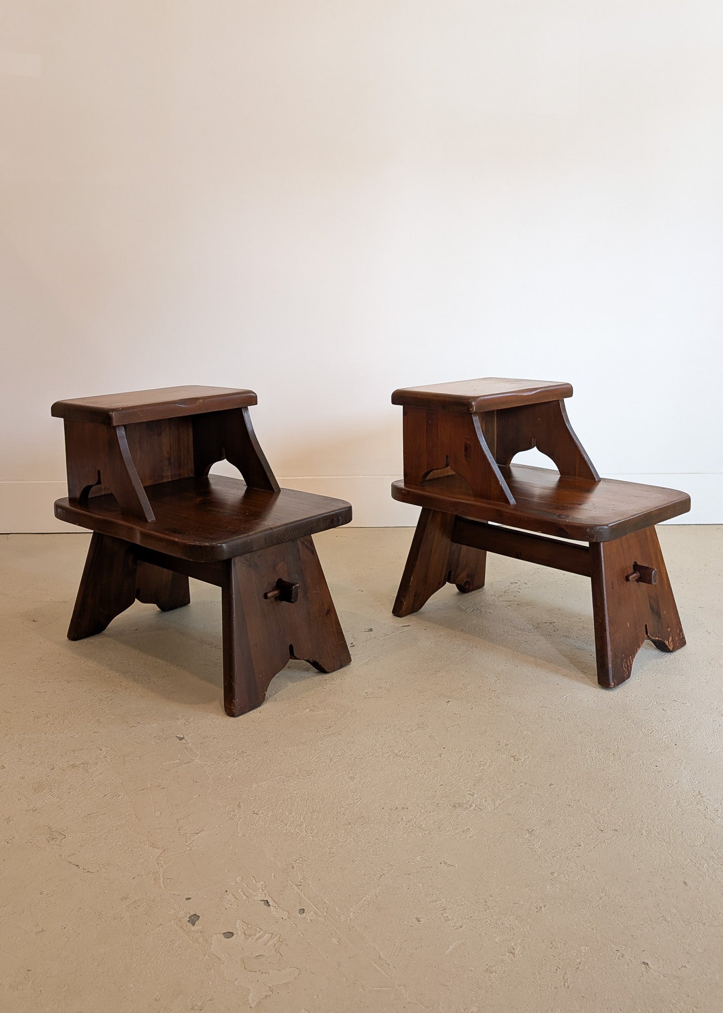 Pair of Vintage Dark Wooden Brutalist Tiered Side Tables/Nightstands