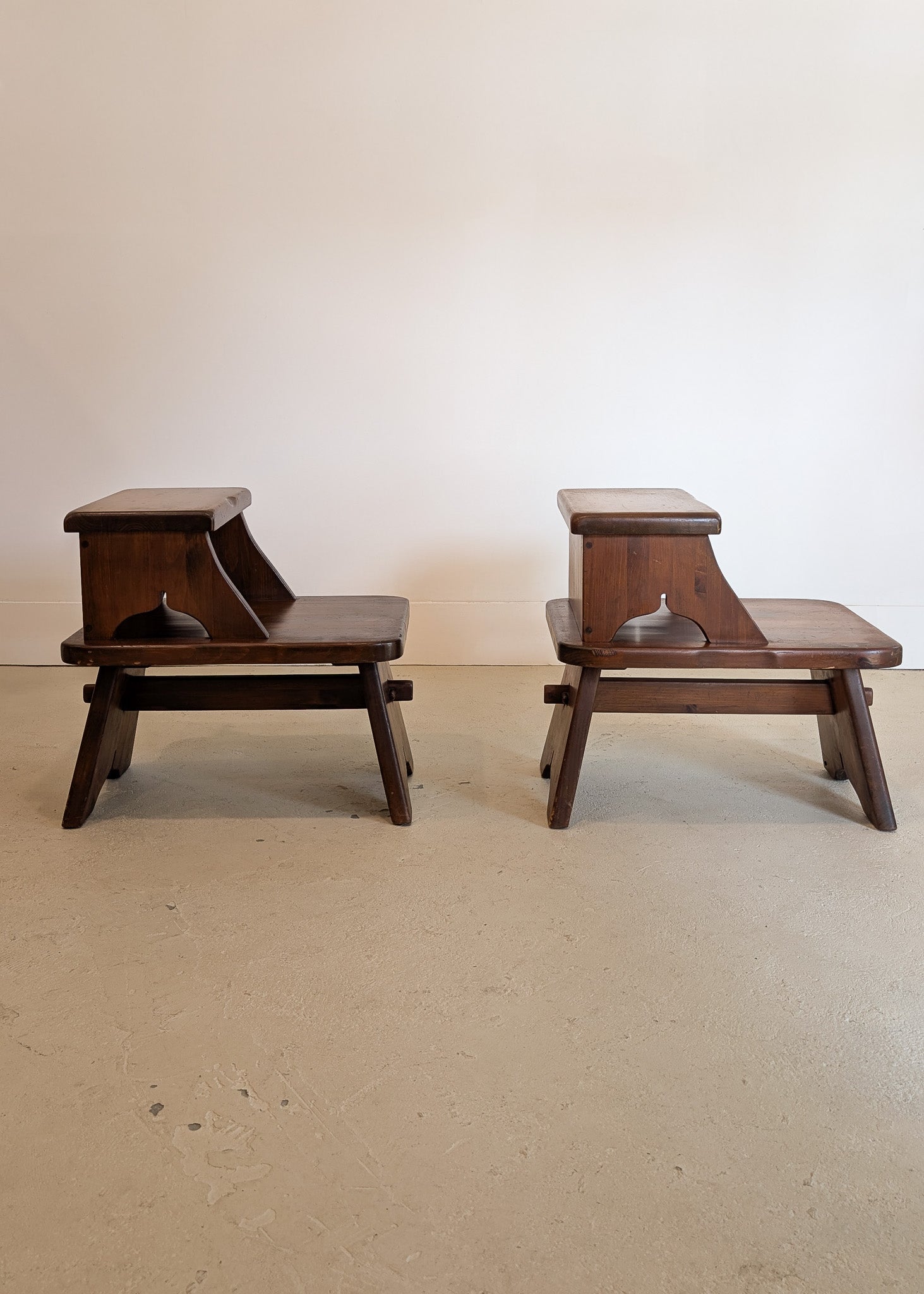 Pair of Vintage Dark Wooden Brutalist Tiered Side Tables/Nightstands