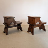 Pair of Vintage Dark Wooden Brutalist Tiered Side Tables/Nightstands