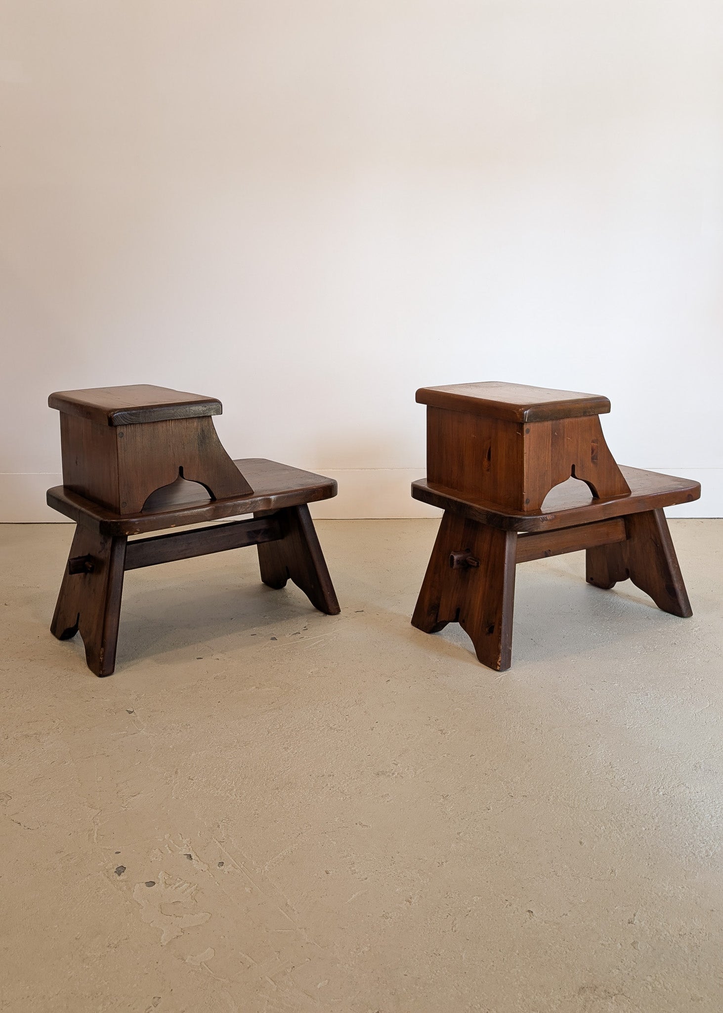 Pair of Vintage Dark Wooden Brutalist Tiered Side Tables/Nightstands