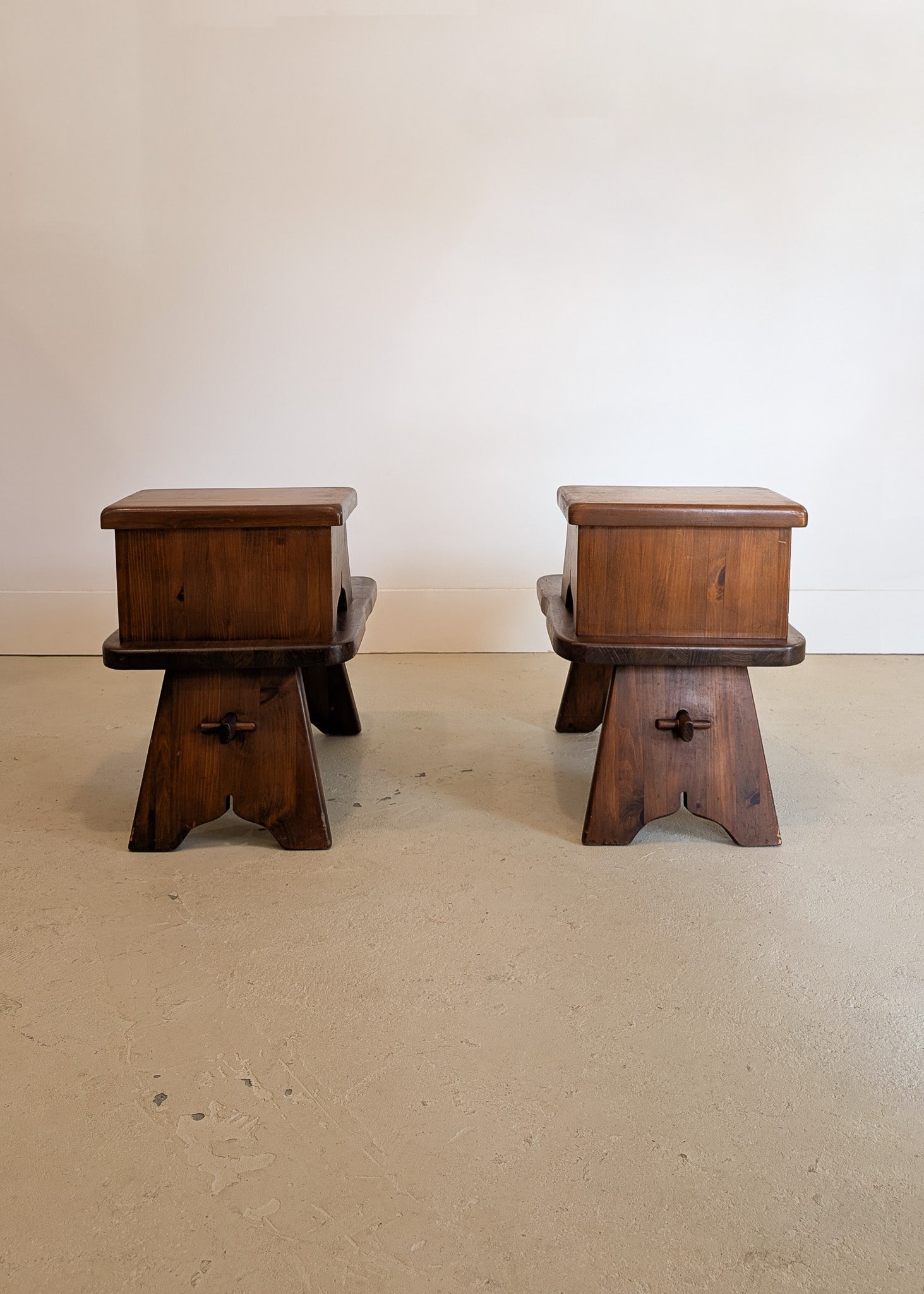 Pair of Vintage Dark Wooden Brutalist Tiered Side Tables/Nightstands