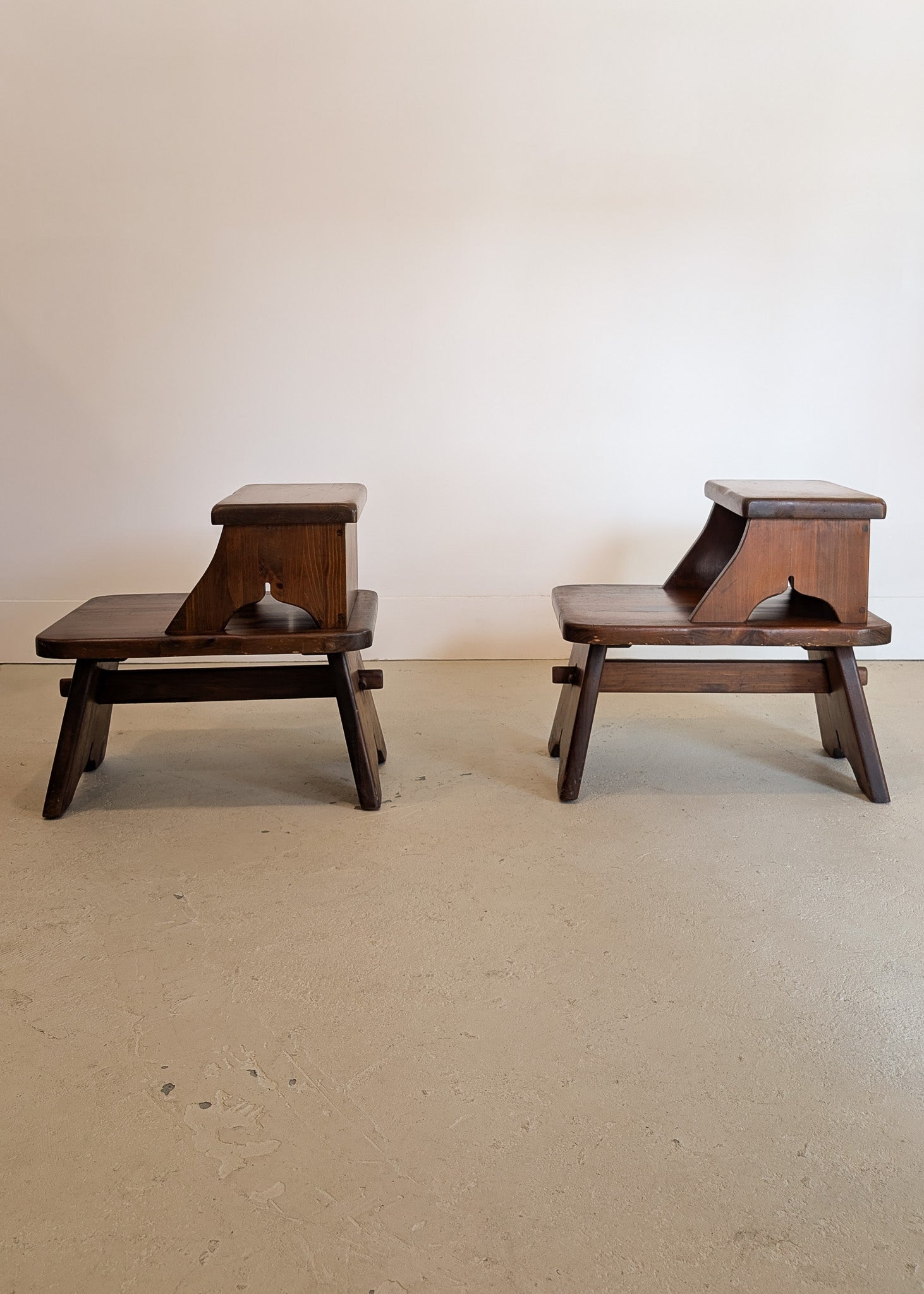 Pair of Vintage Dark Wooden Brutalist Tiered Side Tables/Nightstands