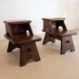 Pair of Vintage Dark Wooden Brutalist Tiered Side Tables/Nightstands