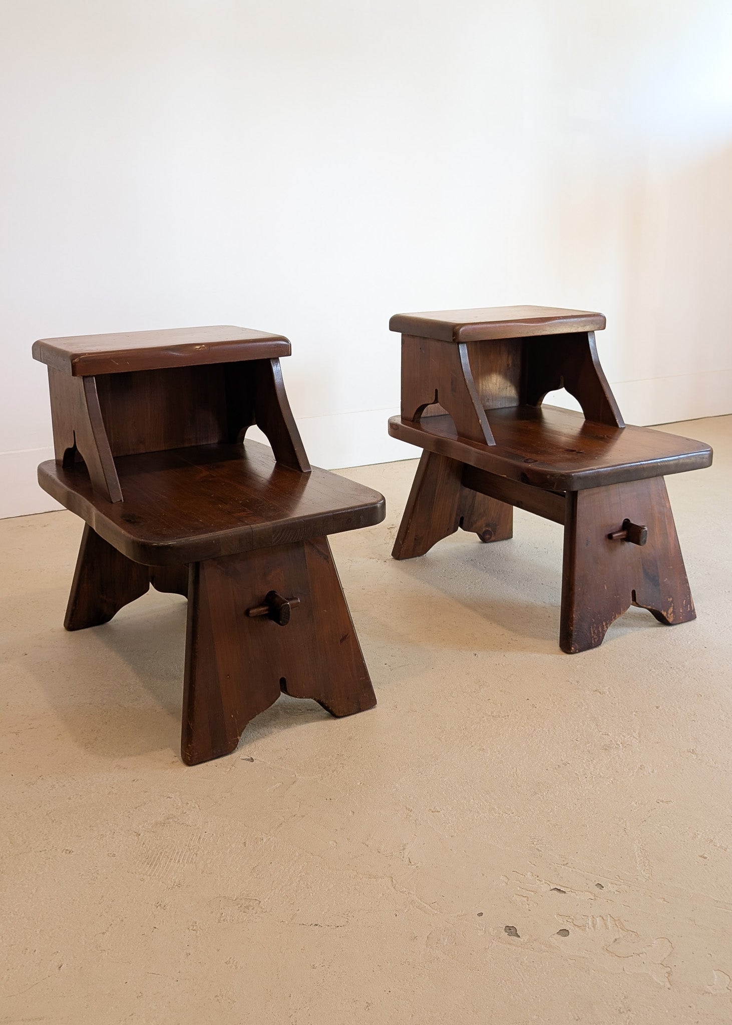 Pair of Vintage Dark Wooden Brutalist Tiered Side Tables/Nightstands