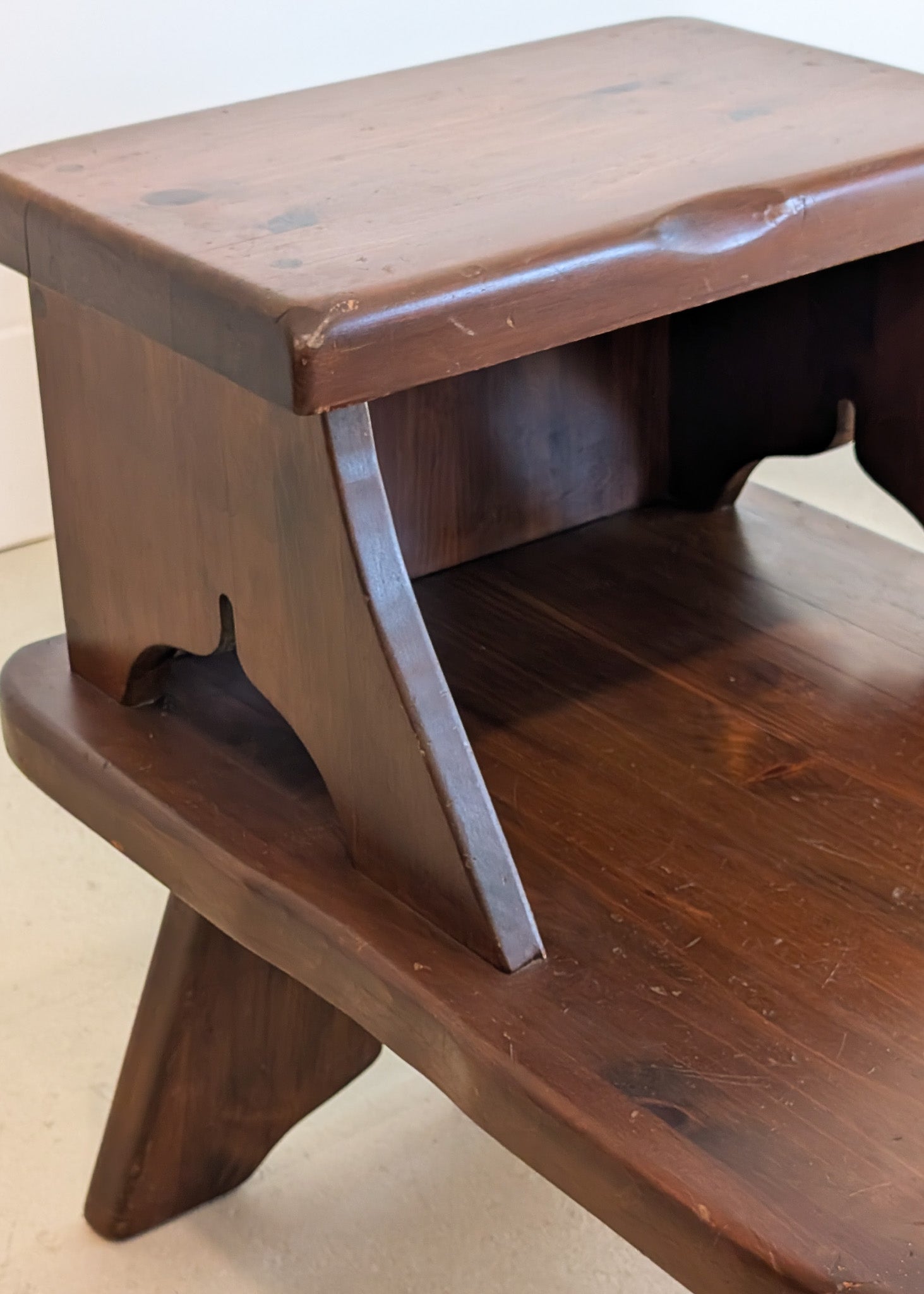 Pair of Vintage Dark Wooden Brutalist Tiered Side Tables/Nightstands