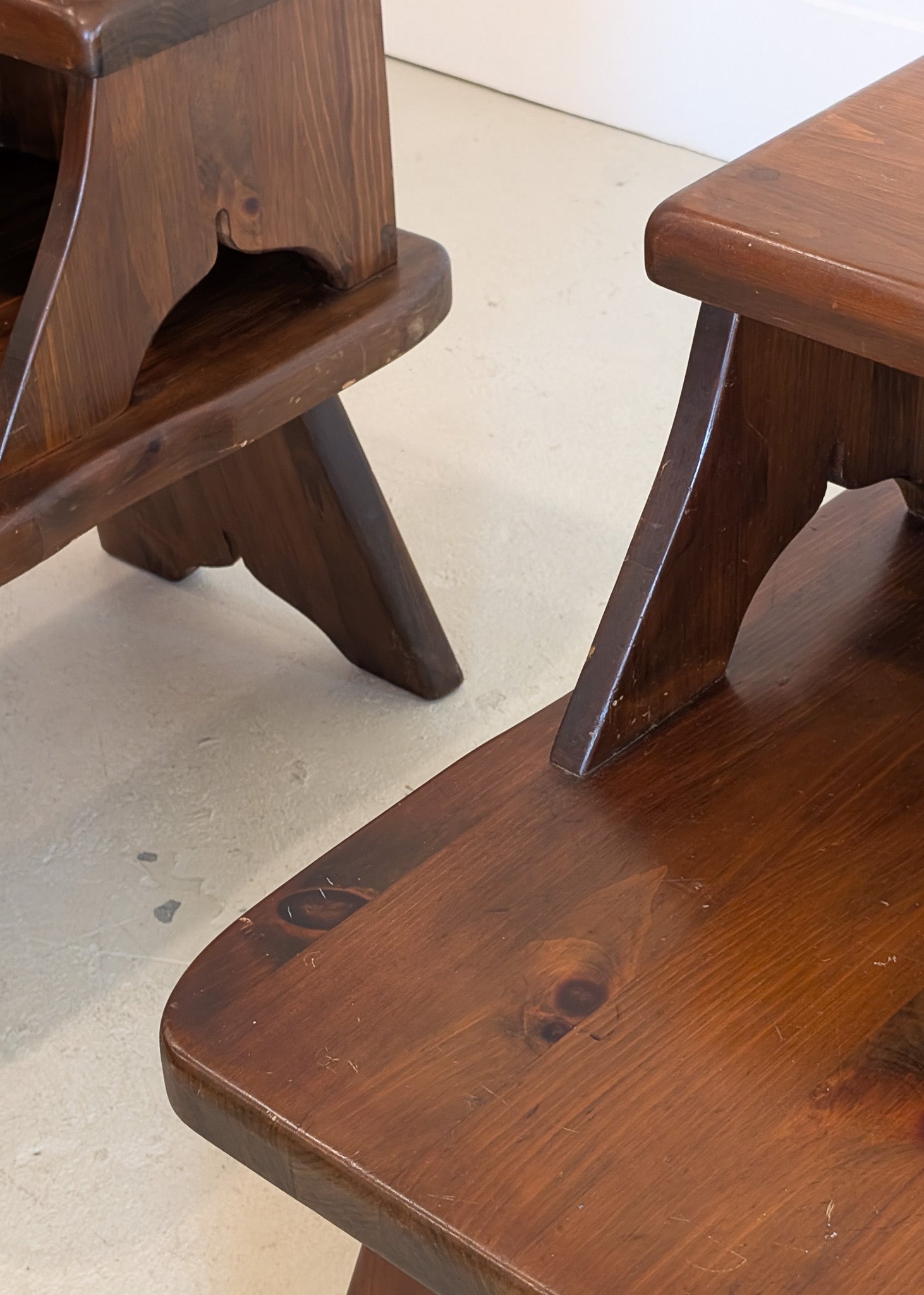Pair of Vintage Dark Wooden Brutalist Tiered Side Tables/Nightstands