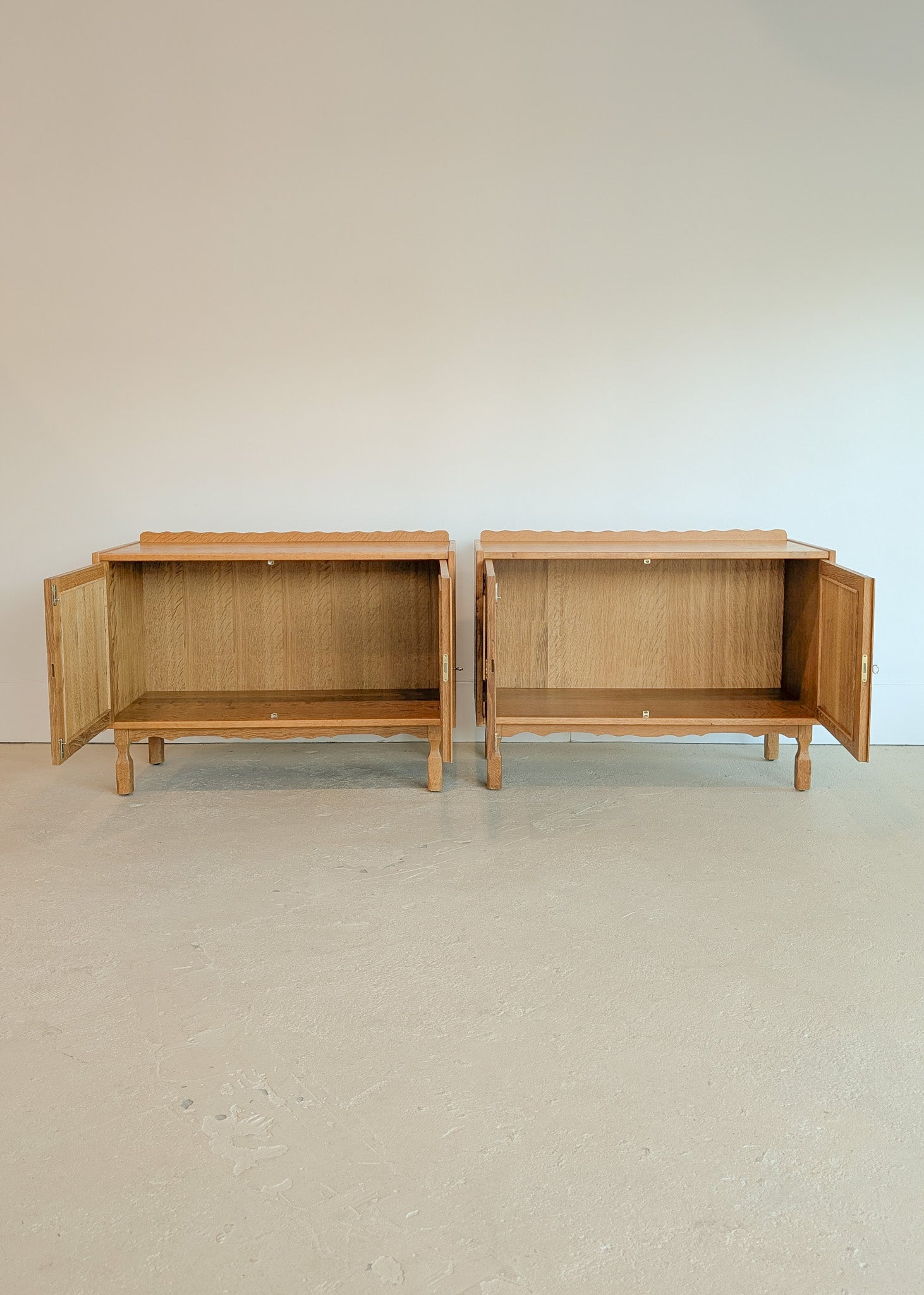 Pair of Vintage Danish Henning Kjærnulf-Attributed Quartsawn White Oak Cabinets/Large Nightstands with Wavy Trim