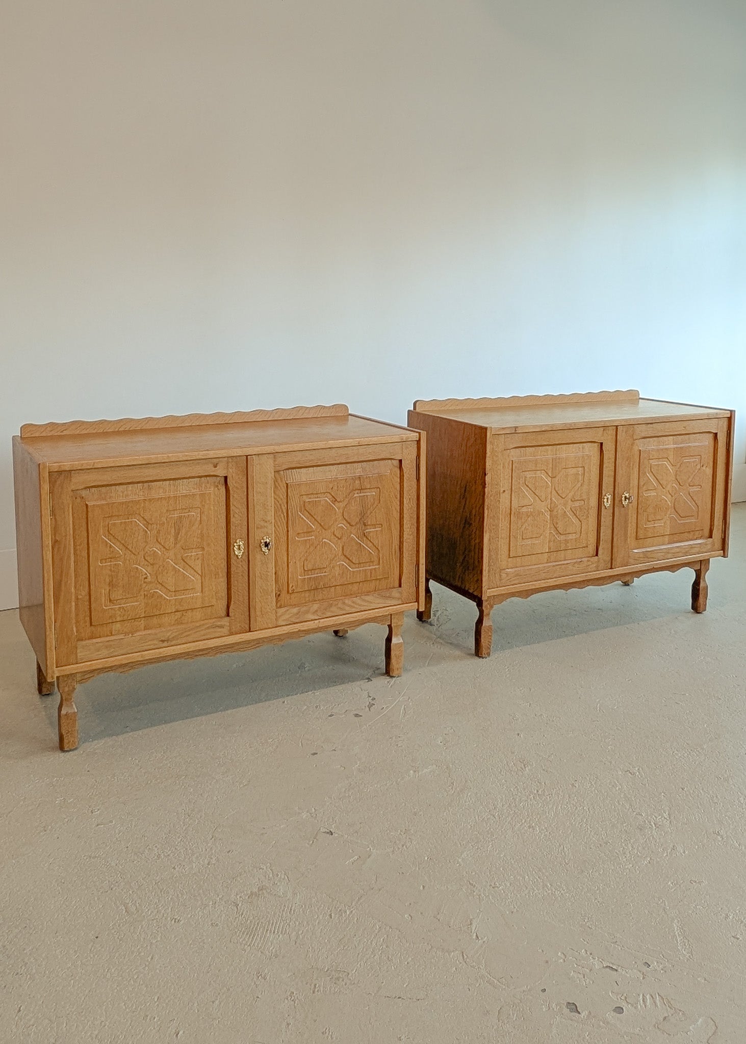 Pair of Vintage Danish Henning Kjærnulf-Attributed Quartsawn White Oak Cabinets/Large Nightstands with Wavy Trim