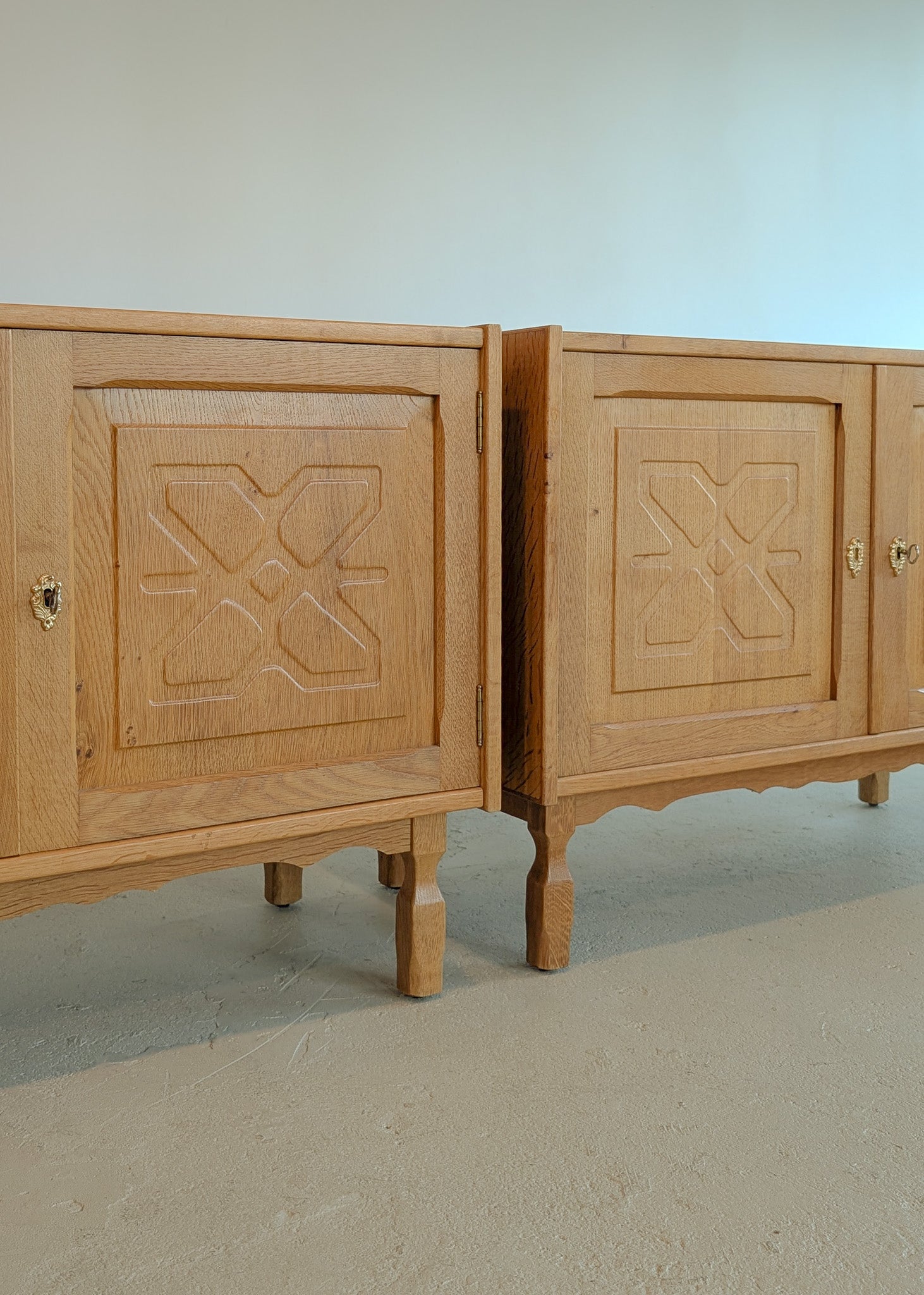 Pair of Vintage Danish Henning Kjærnulf-Attributed Quartsawn White Oak Cabinets/Large Nightstands with Wavy Trim