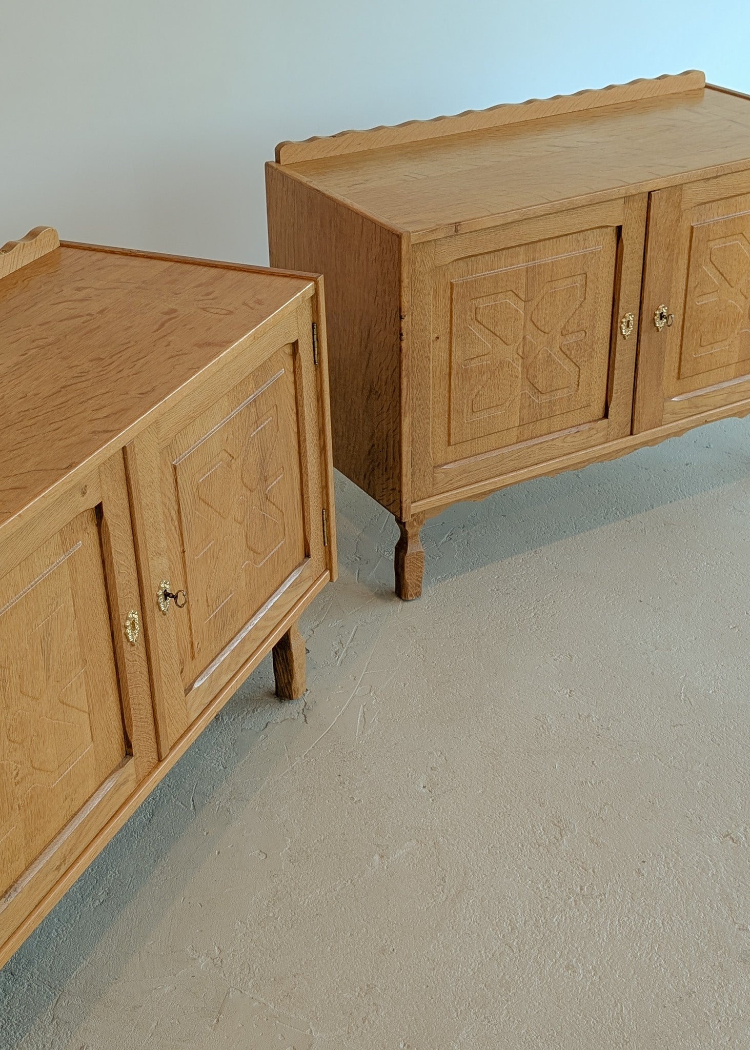 Pair of Vintage Danish Henning Kjærnulf-Attributed Quartsawn White Oak Cabinets/Large Nightstands with Wavy Trim