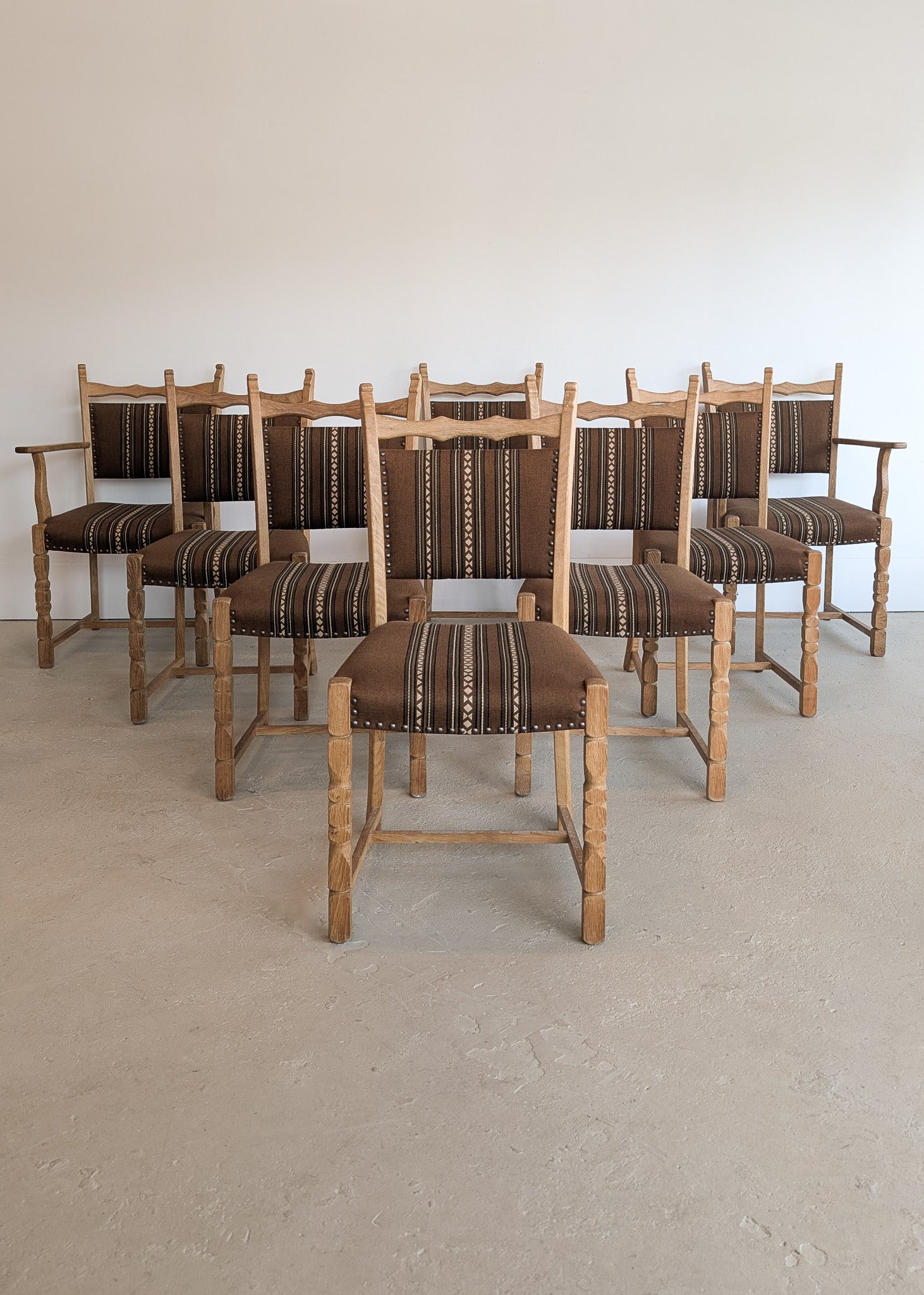 Set of 8 Vintage Danish Henning Kjærnulf-Attributed White Oak Dining Chairs with Original Brown Upholstery