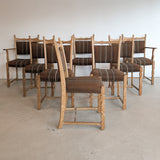 Set of 8 Vintage Danish Henning Kjærnulf-Attributed White Oak Dining Chairs with Original Brown Upholstery