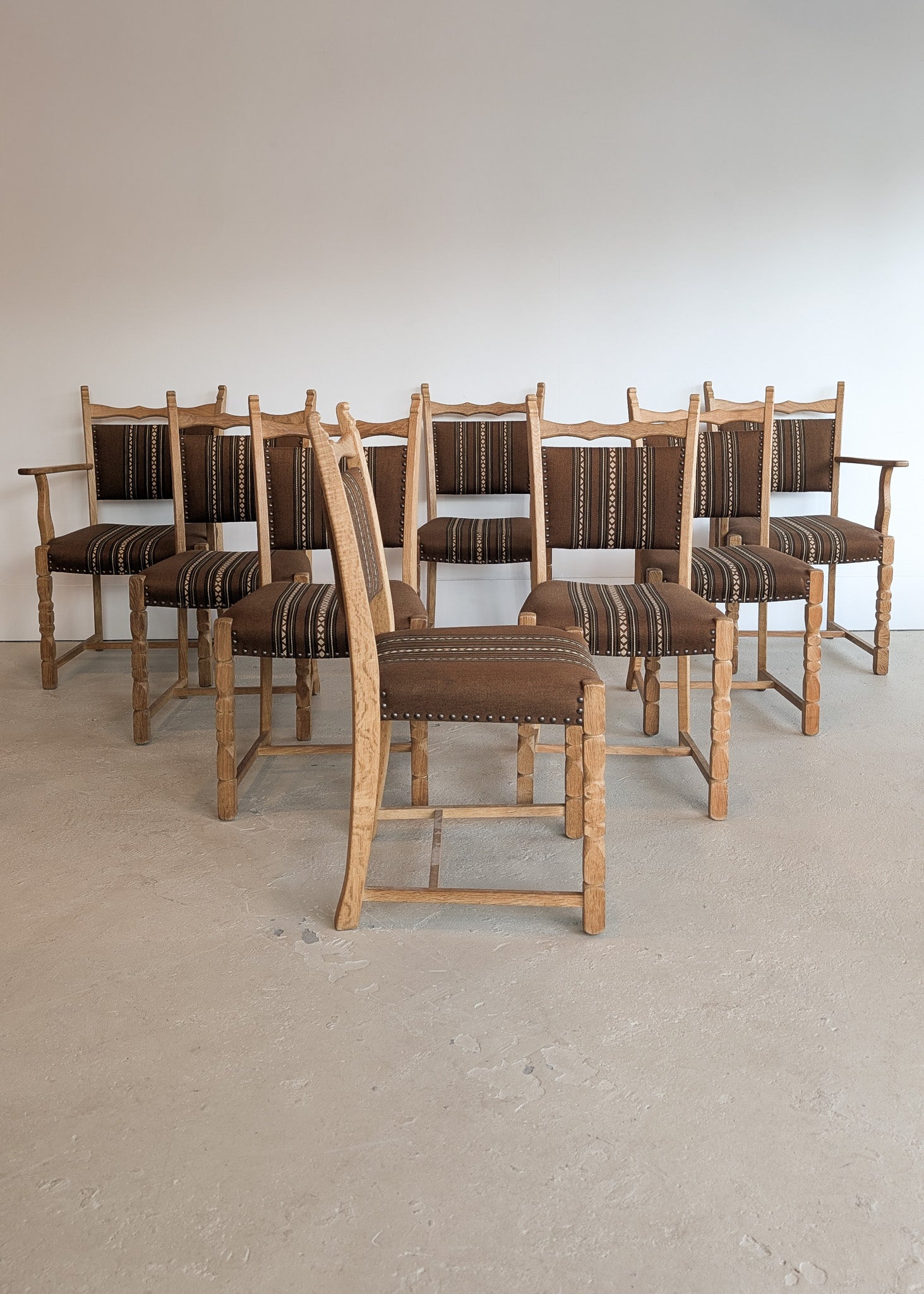 Set of 8 Vintage Danish Henning Kjærnulf-Attributed White Oak Dining Chairs with Original Brown Upholstery