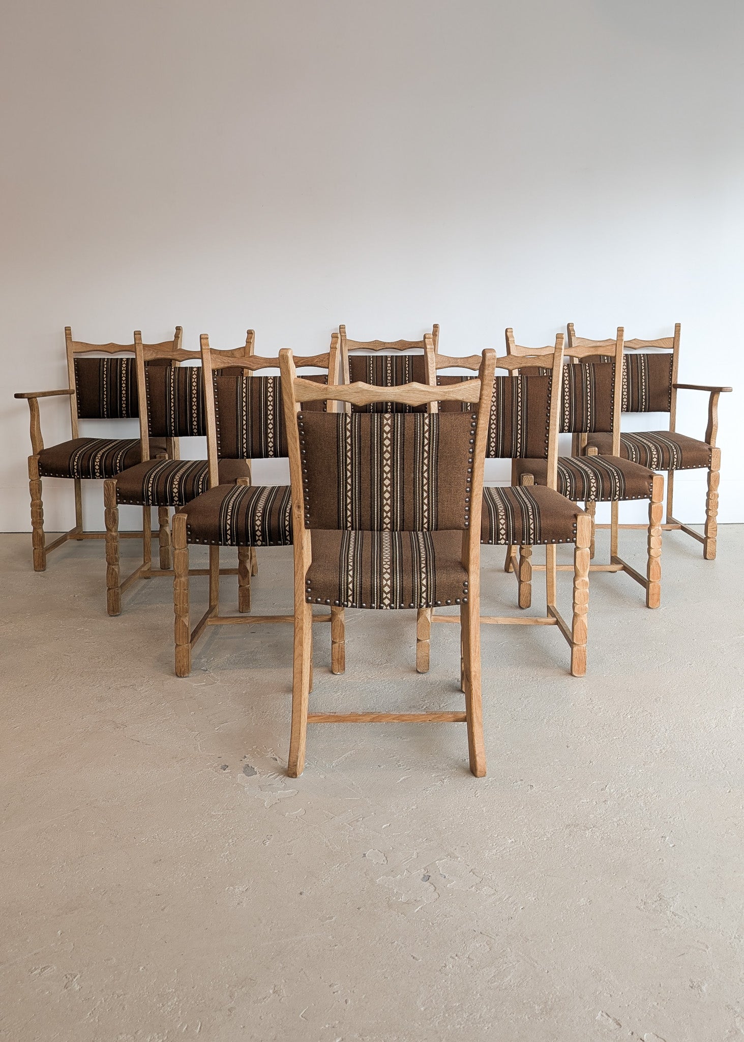 Set of 8 Vintage Danish Henning Kjærnulf-Attributed White Oak Dining Chairs with Original Brown Upholstery