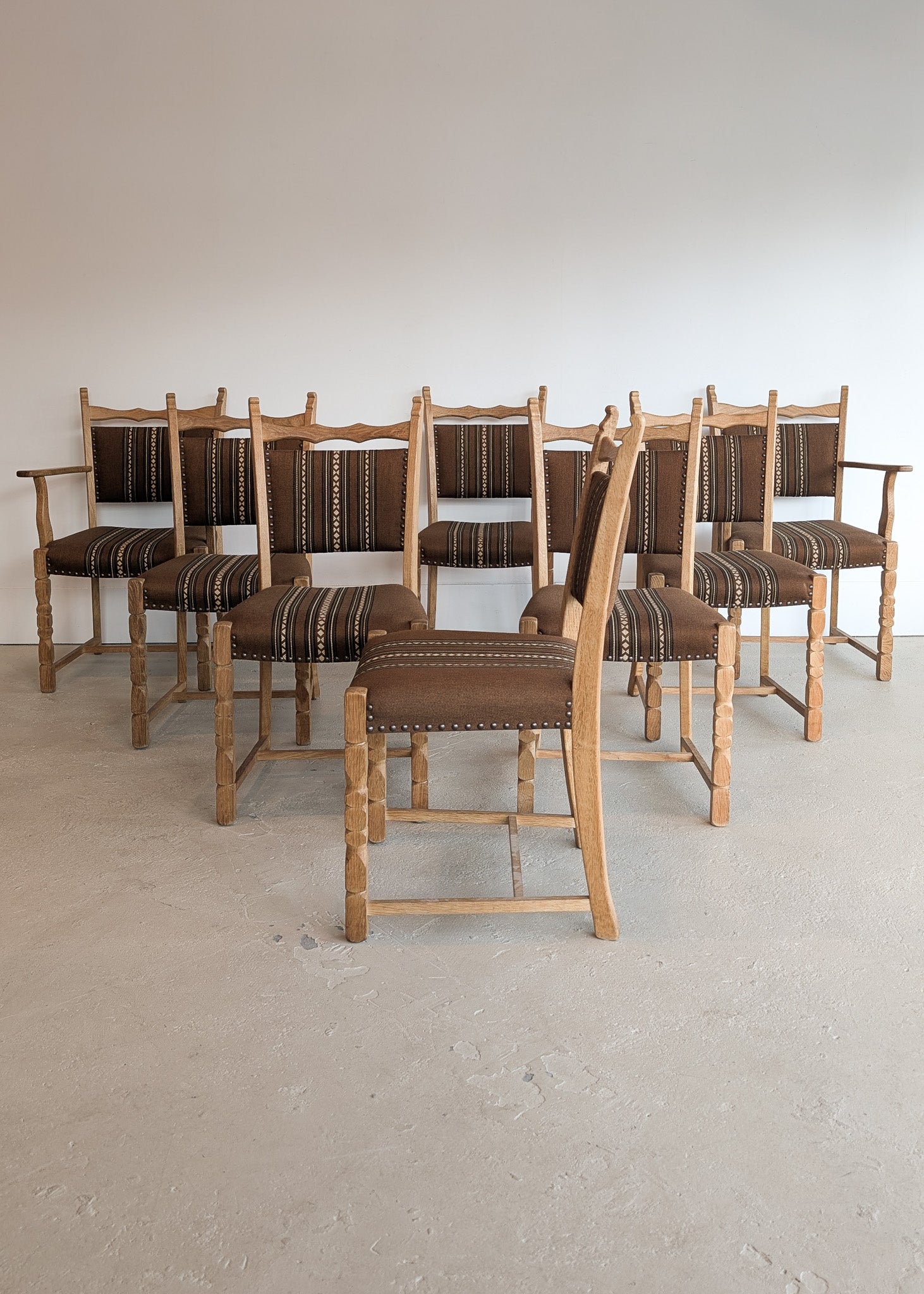Set of 8 Vintage Danish Henning Kjærnulf-Attributed White Oak Dining Chairs with Original Brown Upholstery