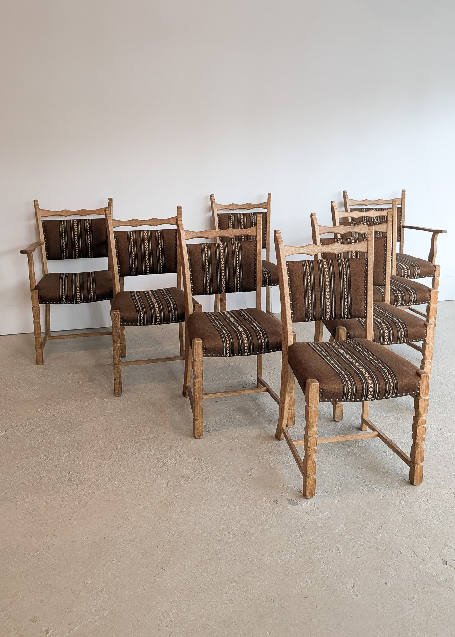 Set of 8 Vintage Danish Henning Kjærnulf-Attributed White Oak Dining Chairs with Original Brown Upholstery