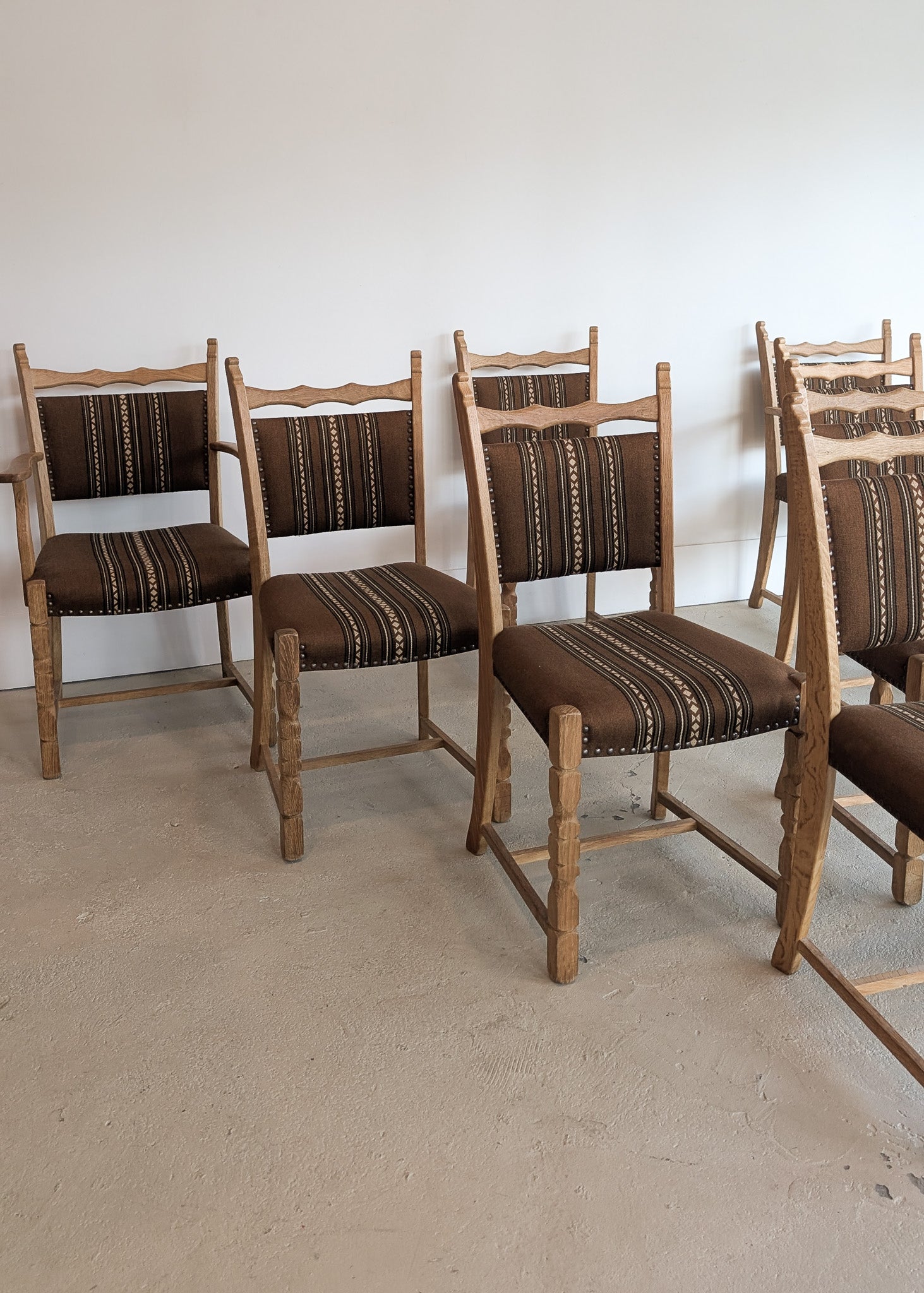 Set of 8 Vintage Danish Henning Kjærnulf-Attributed White Oak Dining Chairs with Original Brown Upholstery