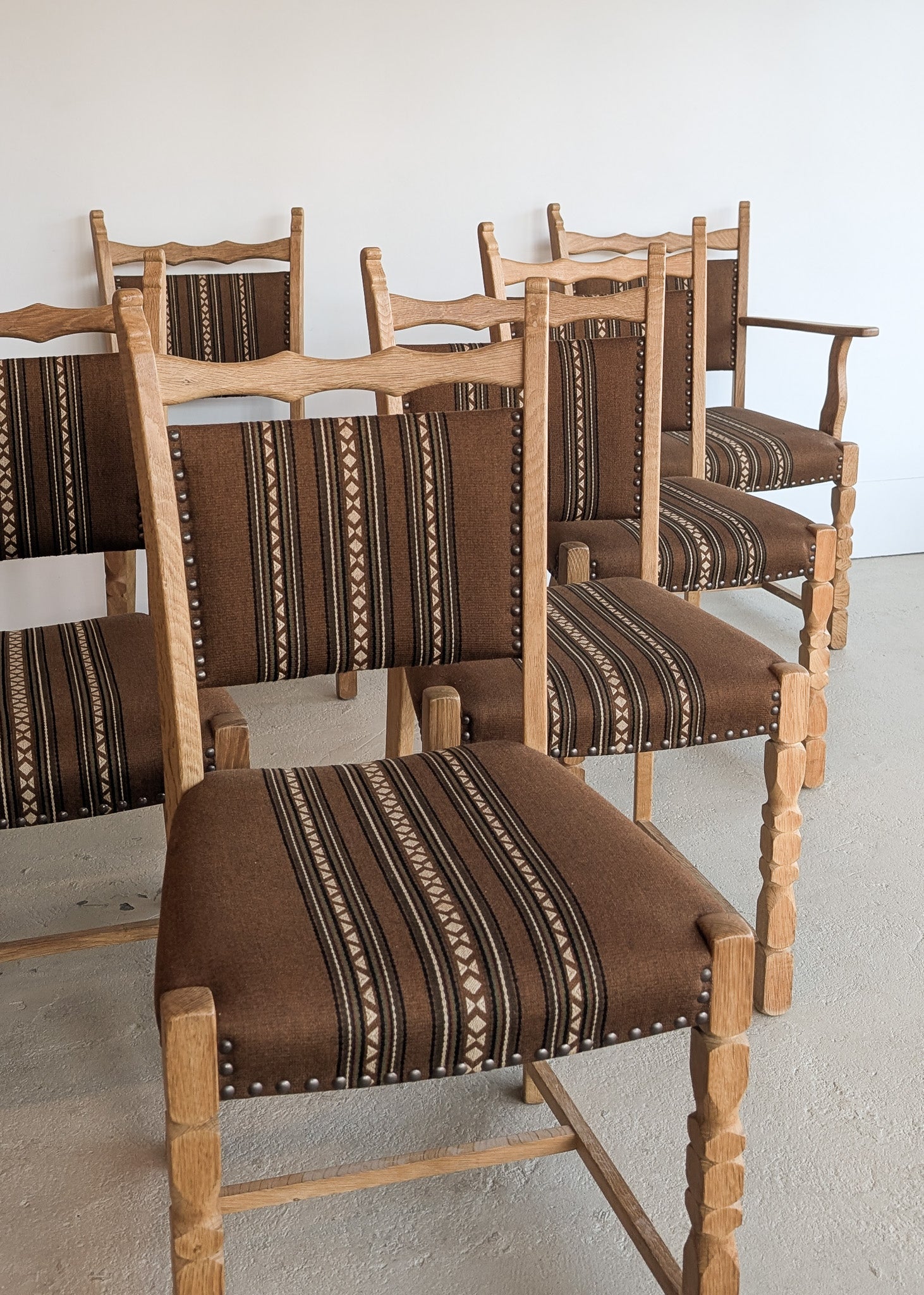 Set of 8 Vintage Danish Henning Kjærnulf-Attributed White Oak Dining Chairs with Original Brown Upholstery